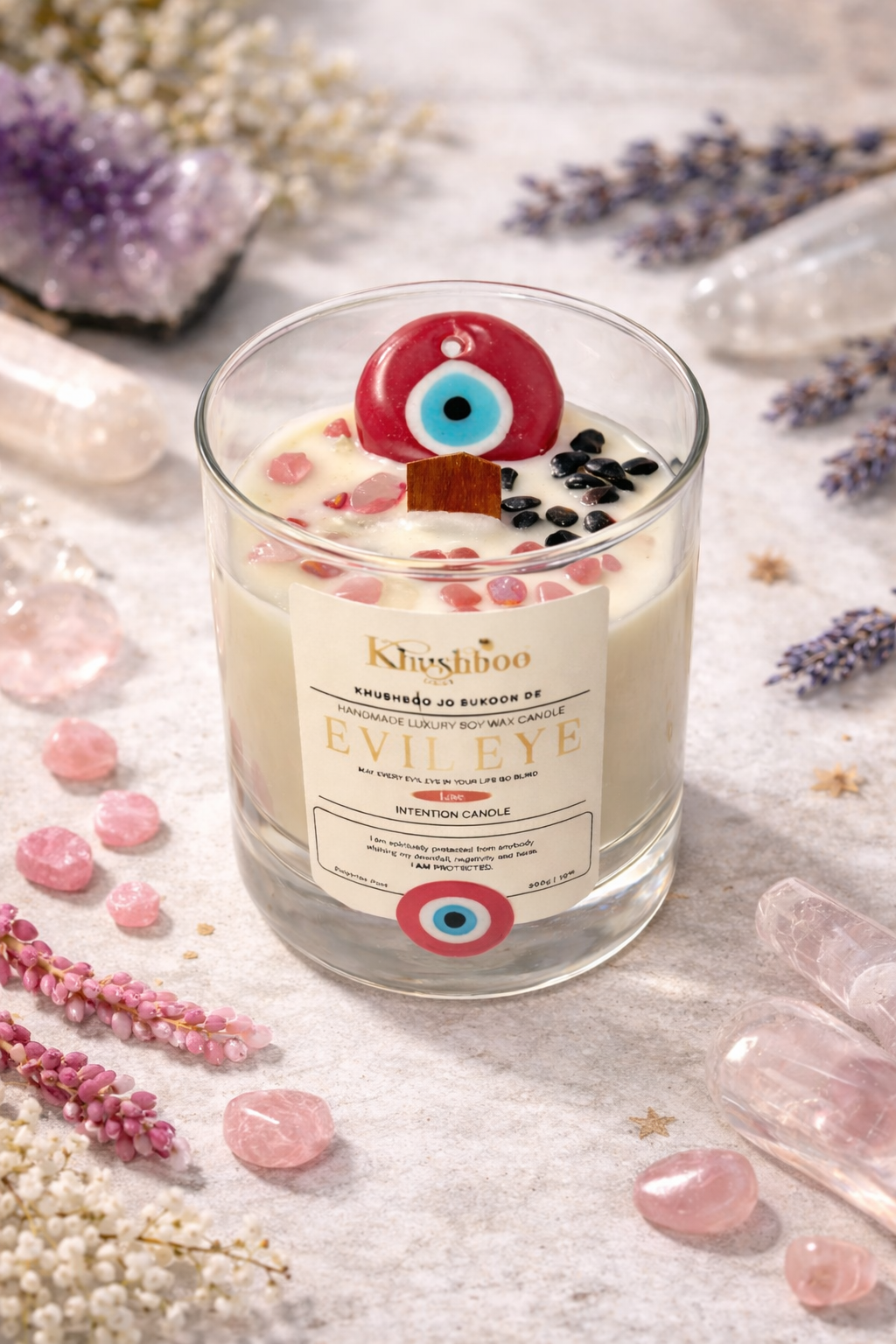 Evil Eye Pink Love Candle with Real Gemstones & Glass Charm – Attract Love & Positivity 🩷 Bulgarian rose