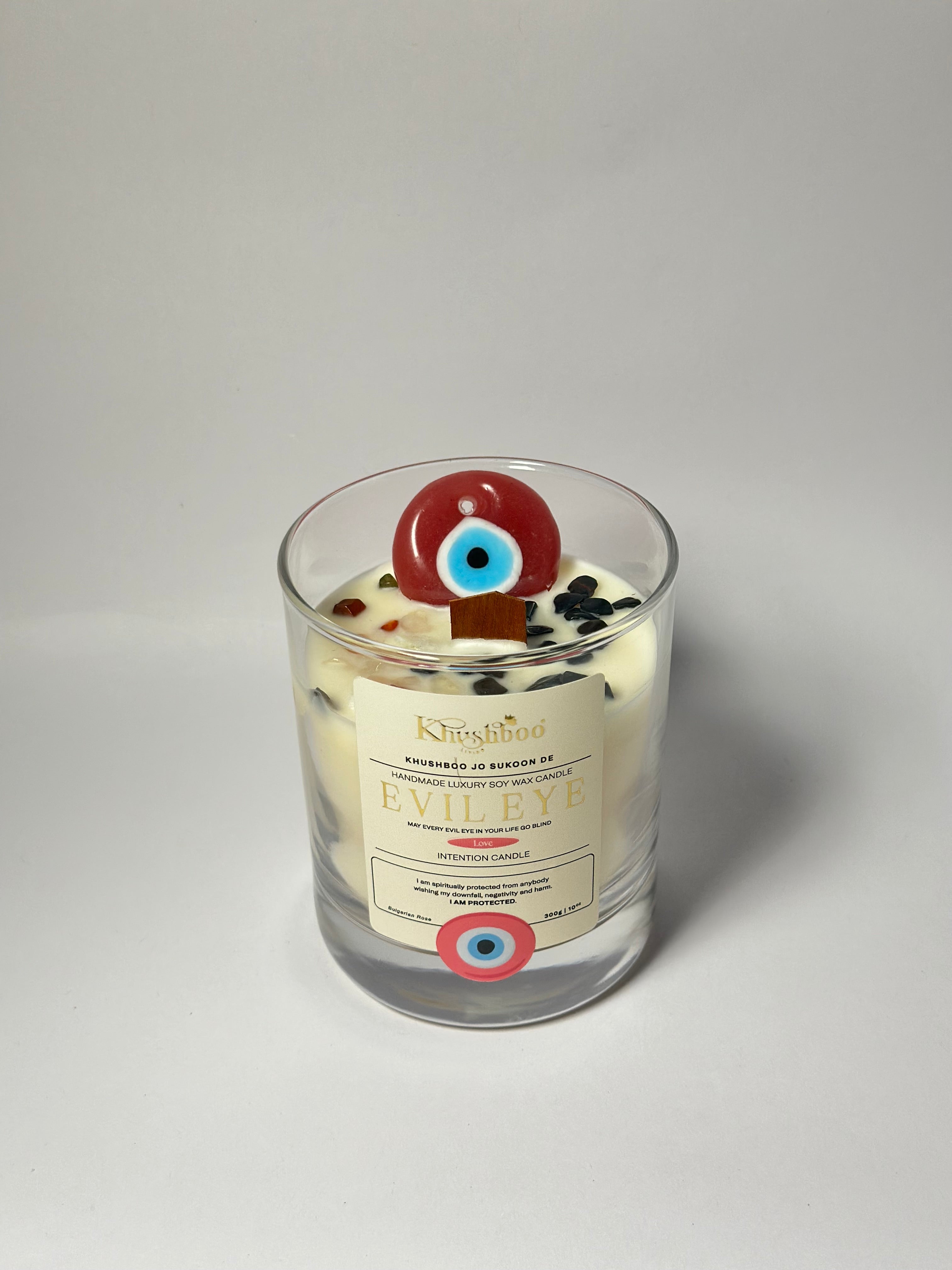 Evil Eye Pink Love Candle with Real Gemstones & Glass Charm – Attract Love & Positivity 🩷 Bulgarian rose
