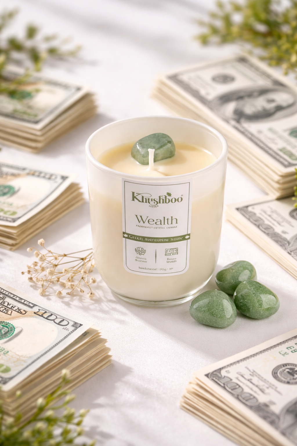 Money Crystal Candle with Green Aventurine Stone 200g