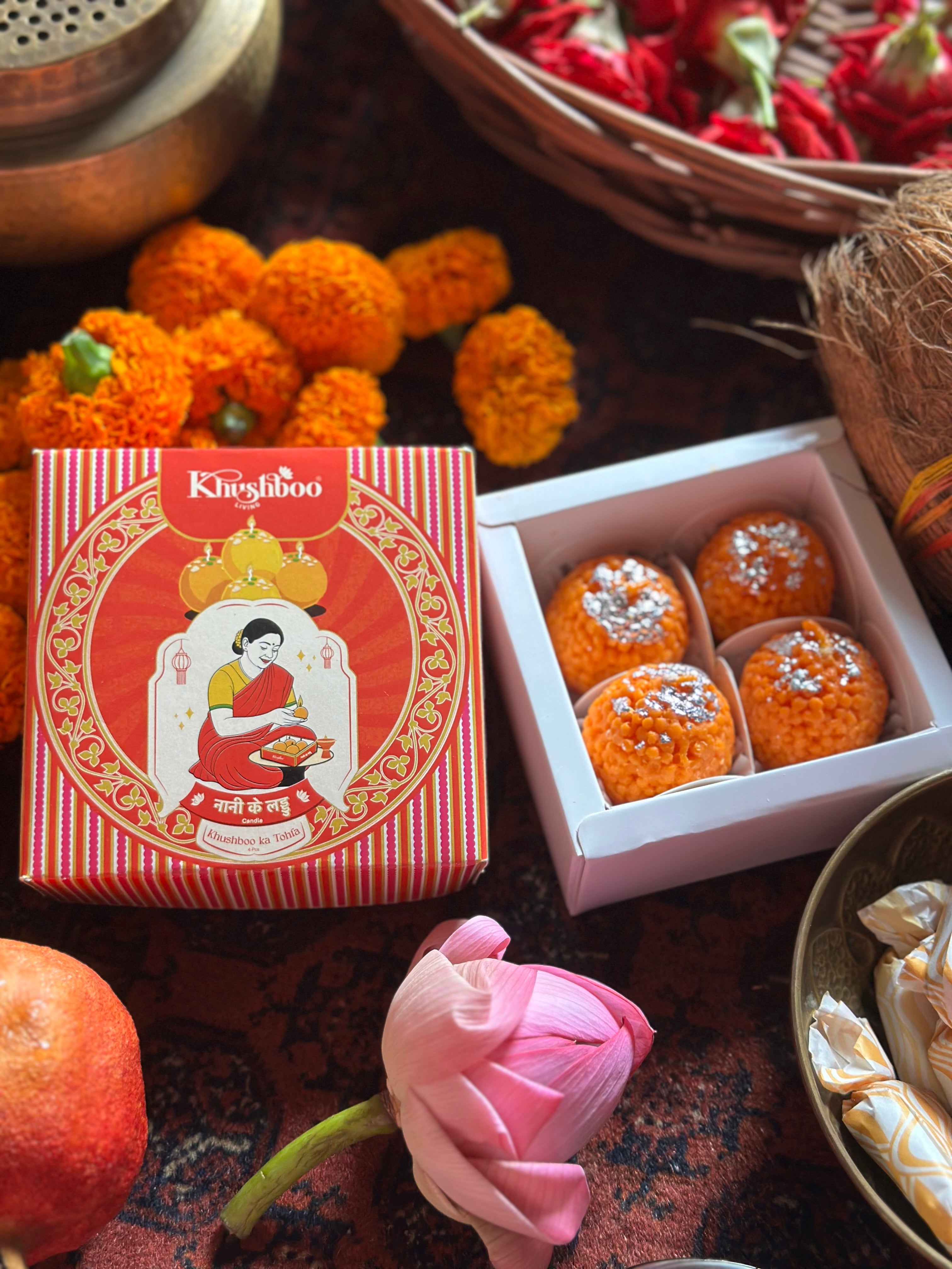 Nani Ke Laddoo Box of 4 Laddu Scented Candle Gift Box | Nani Ke Laddoo Handmade Indian Sweets Decorative Candles | Festive Home Decor for Diwali & Weddings (Saffron Sandalwood)