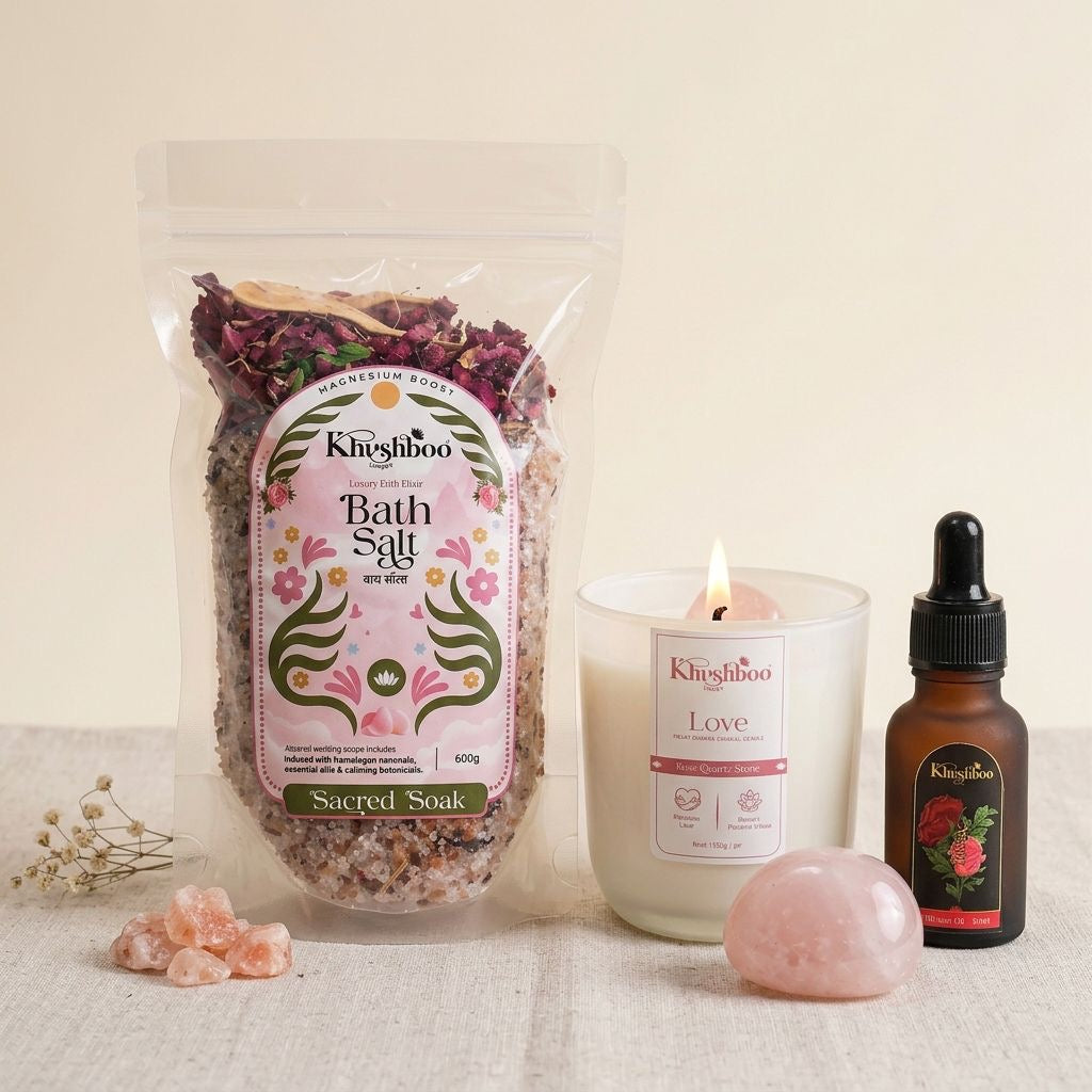 Luxury Spa Combo Gift Set | Bath Salt, Rose Quartz Candle & Essential Oil | Complete Self-care Ritual