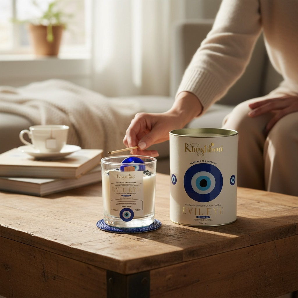 Evil Eye Pink Protection Candle with Real Gemstones & Glass Charm – Shield Against Negativity & Attract Positivity💙