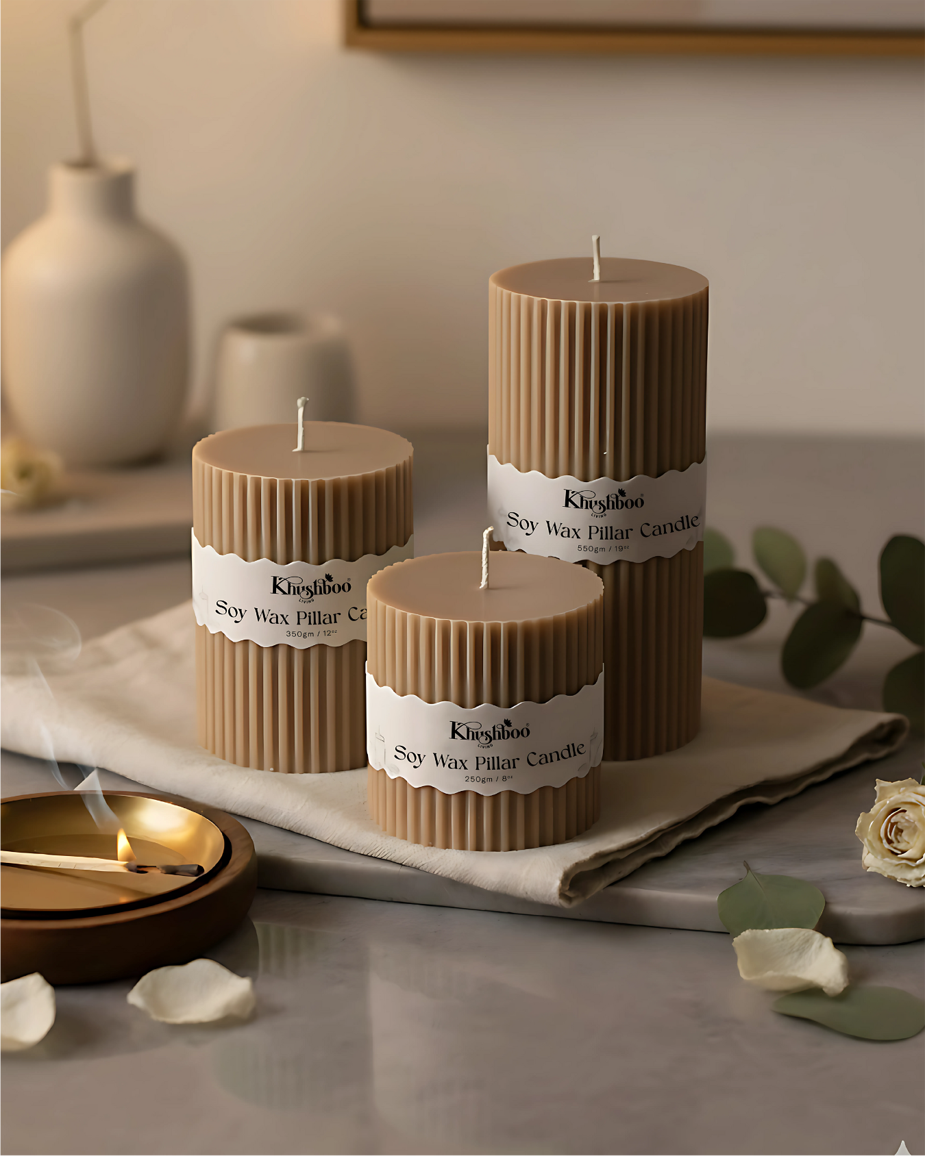 Ribbed Pillar Candle Set of 3