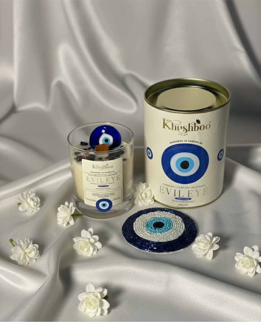 Evil Eye Pink Protection Candle with Real Gemstones & Glass Charm – Shield Against Negativity & Attract Positivity💙