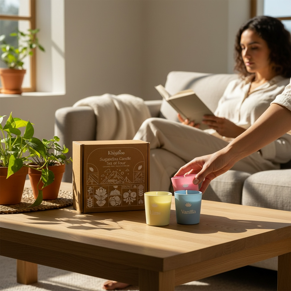 Khushoo Living Sugandha Set of 4 Scented Candles (100g x 4) – Inspired by Indian Household Fragrances