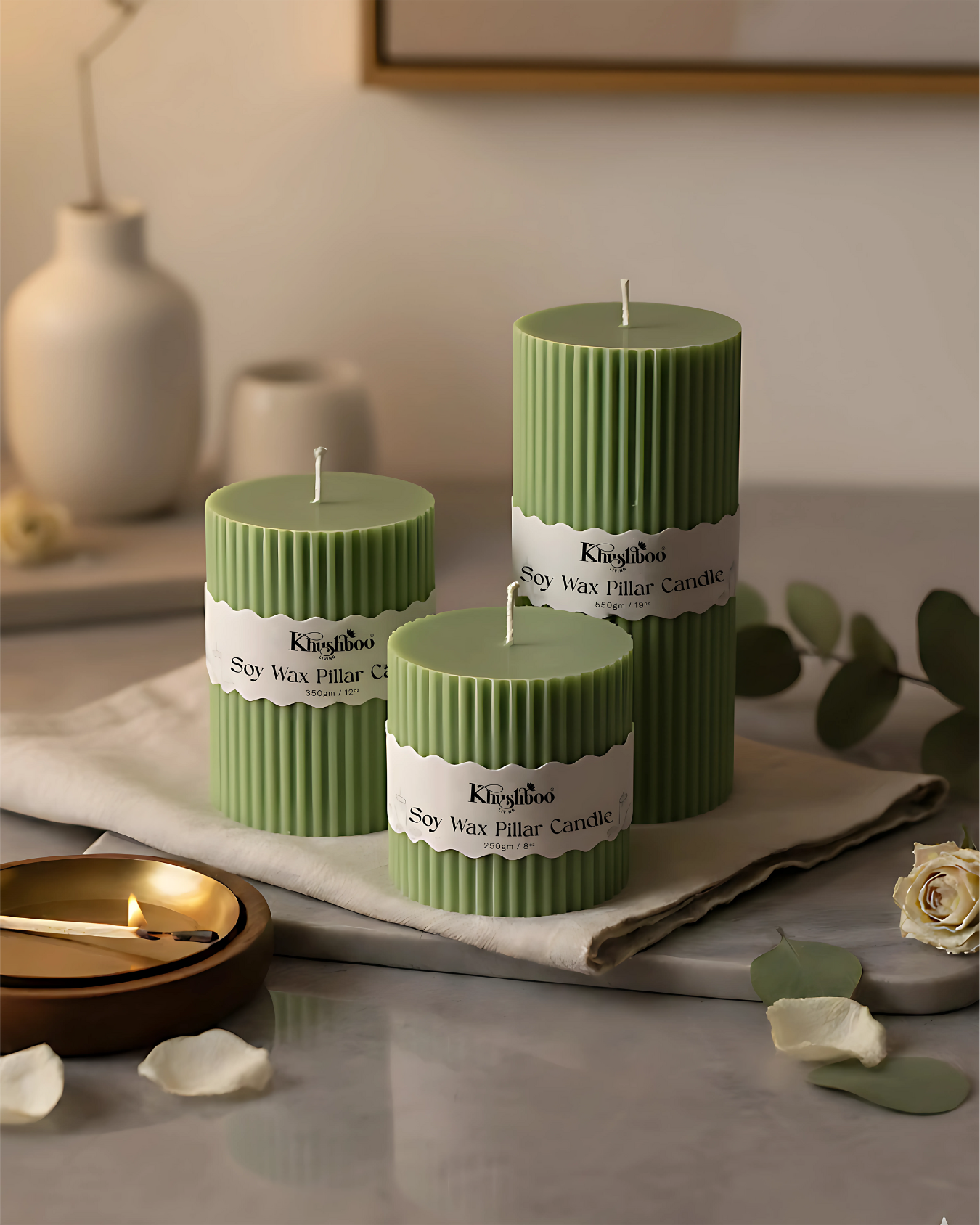 Ribbed Pillar Candle Set of 3