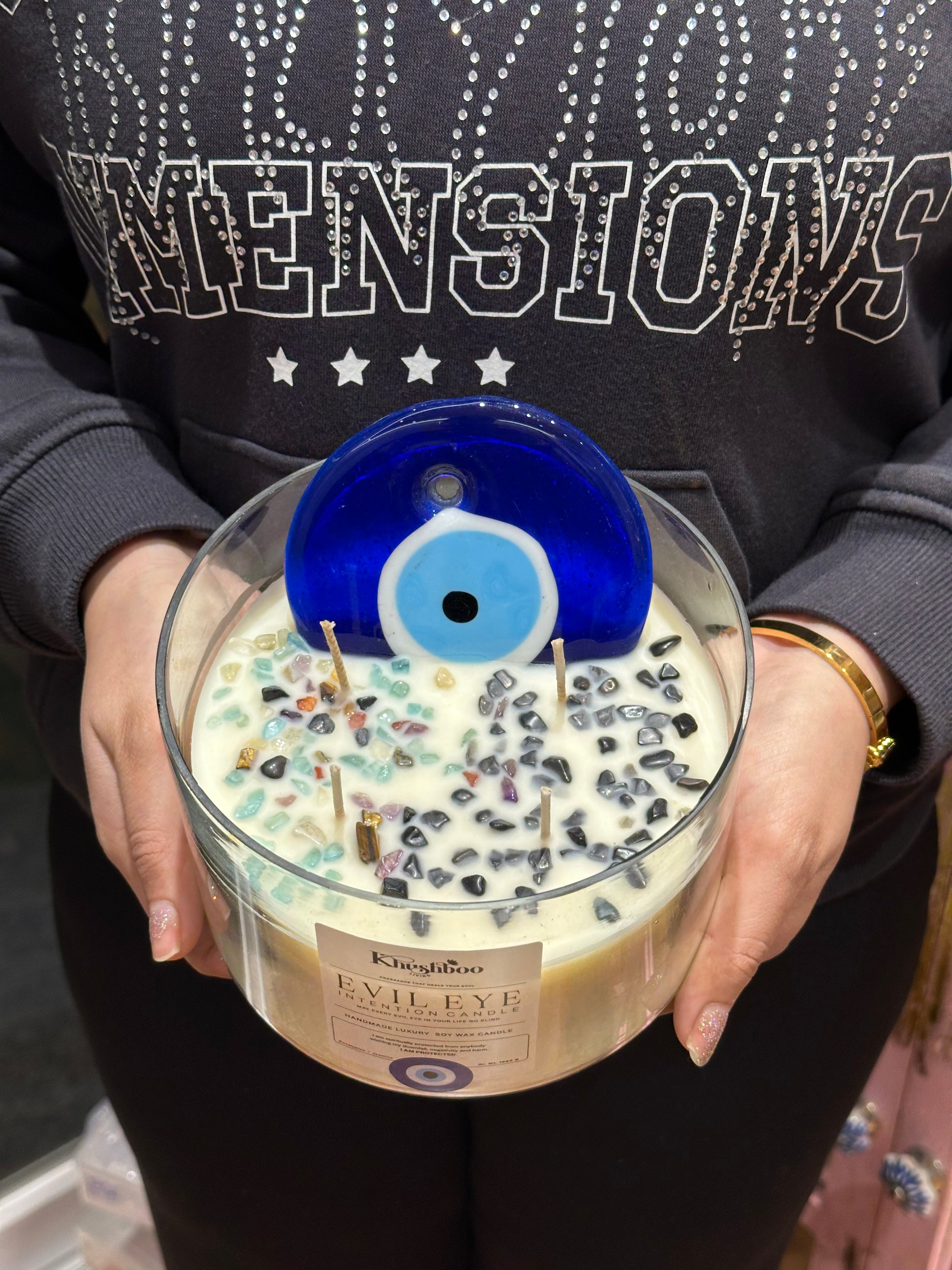 Evil Eye Scented Candle with Real Gemstones | Protects from Buri Nazar & Evil Energies, Perfect For Gifting (Jumbo Size)