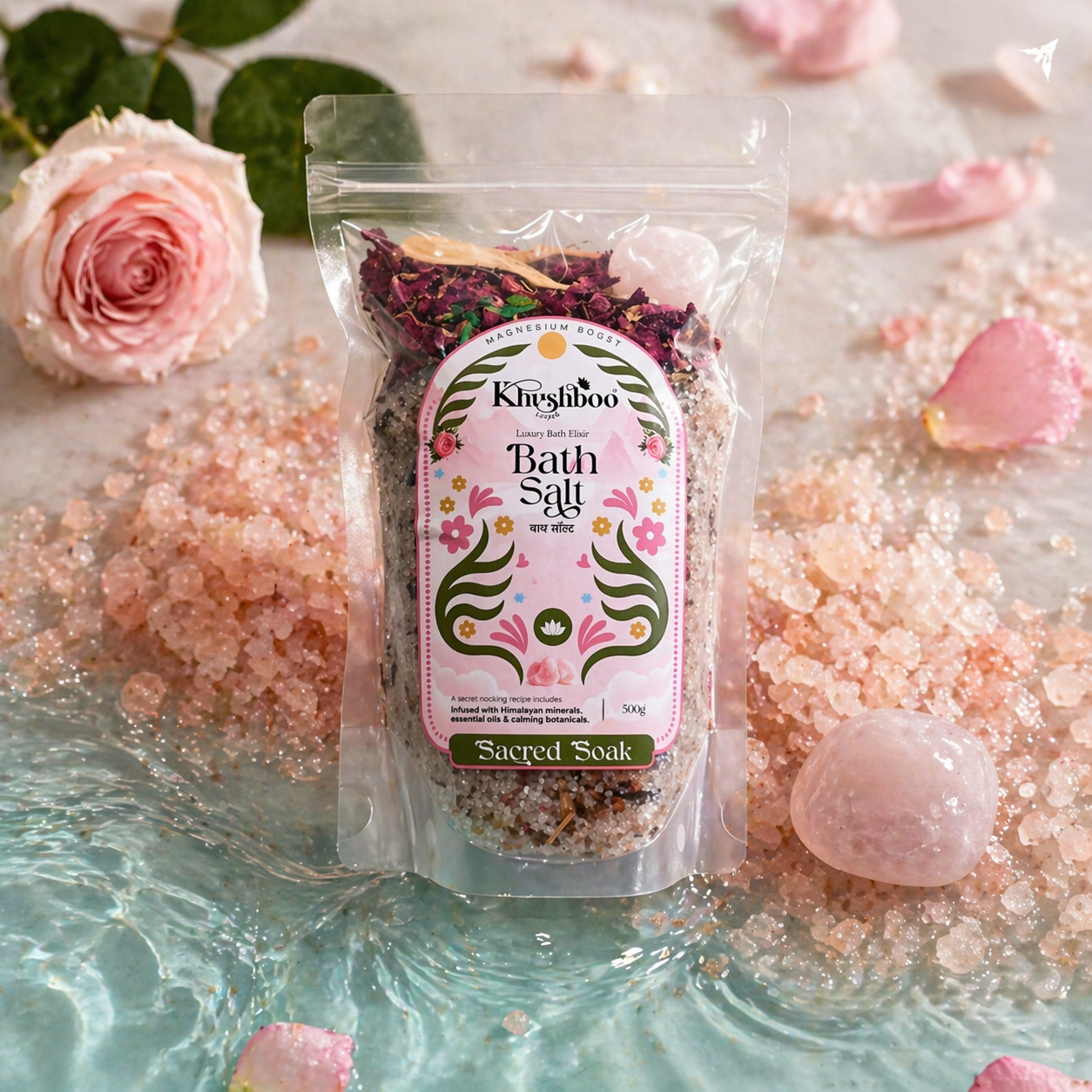 Magnesium Epsom Bath Salt | Muscle Relaxation & Stress Relief | Detox Body, Foot Soak & Spa Bath | Pain Relief, Sleep Support , Natural Magnesium Boost Bath Salt (500g + Wooden Spoon + Rose Quartz Tumble Gemstone)