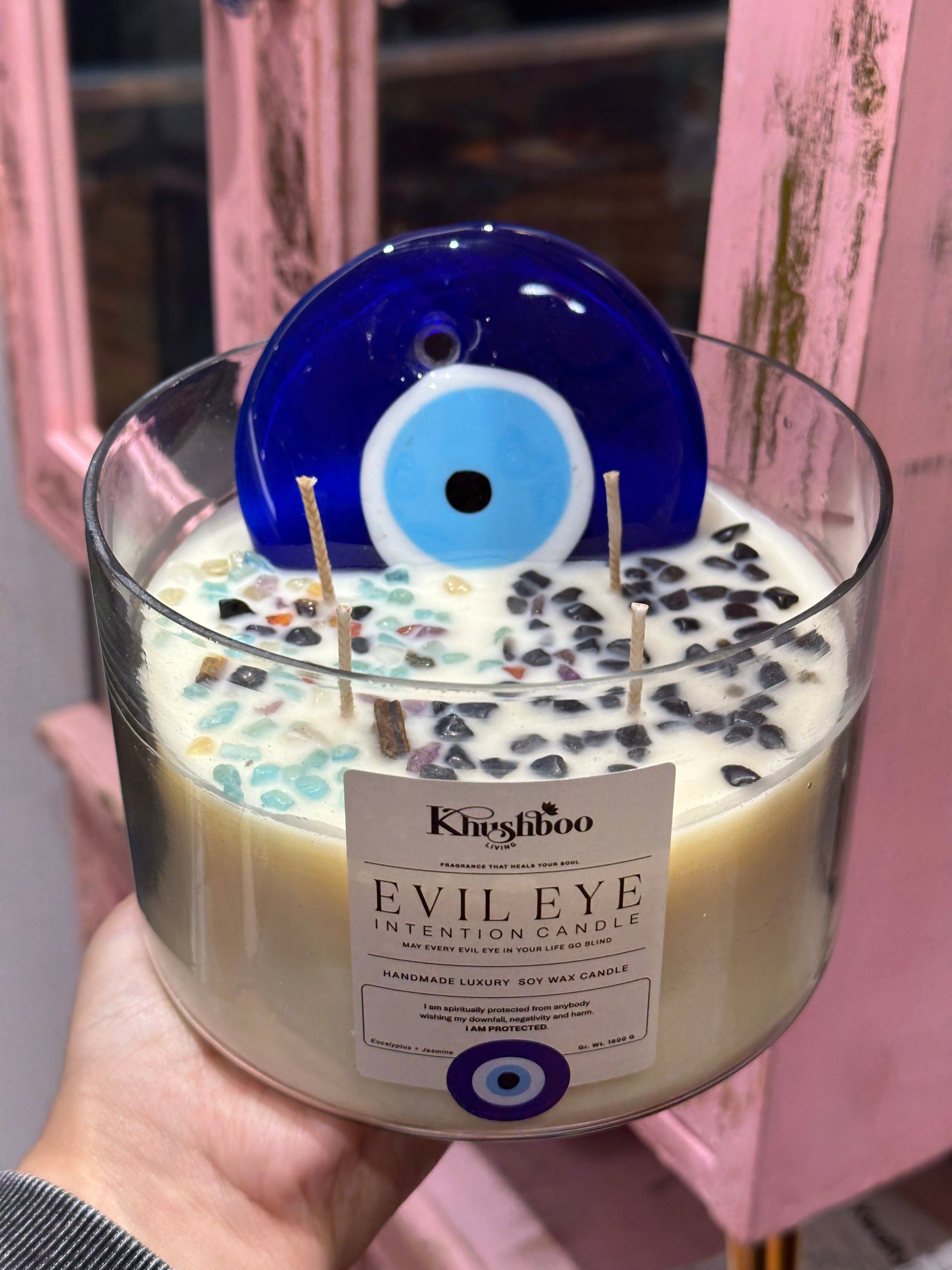 Evil Eye Scented Candle with Real Gemstones | Protects from Buri Nazar & Evil Energies, Perfect For Gifting (Jumbo Size)