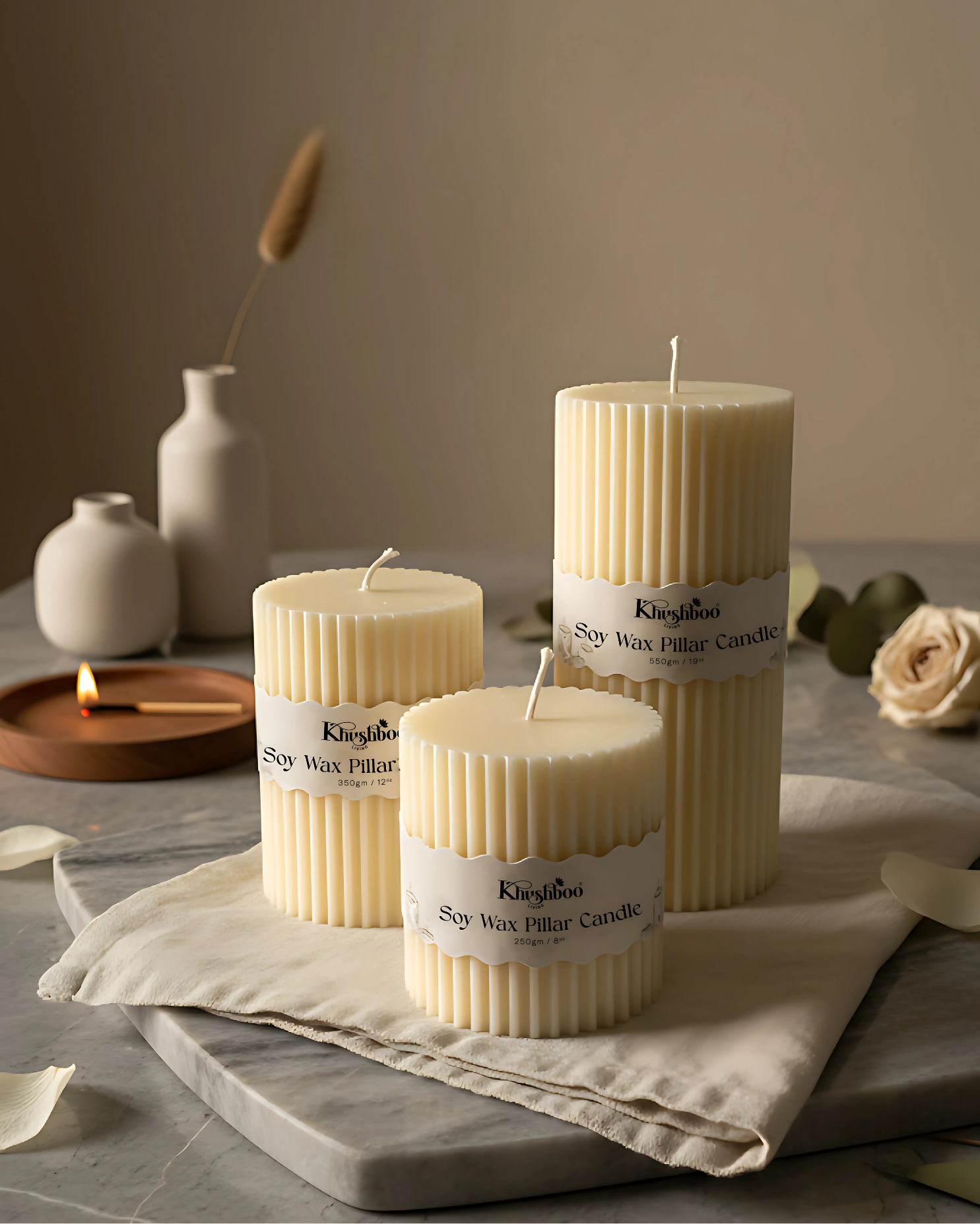 Ribbed Pillar Candle Set of 3