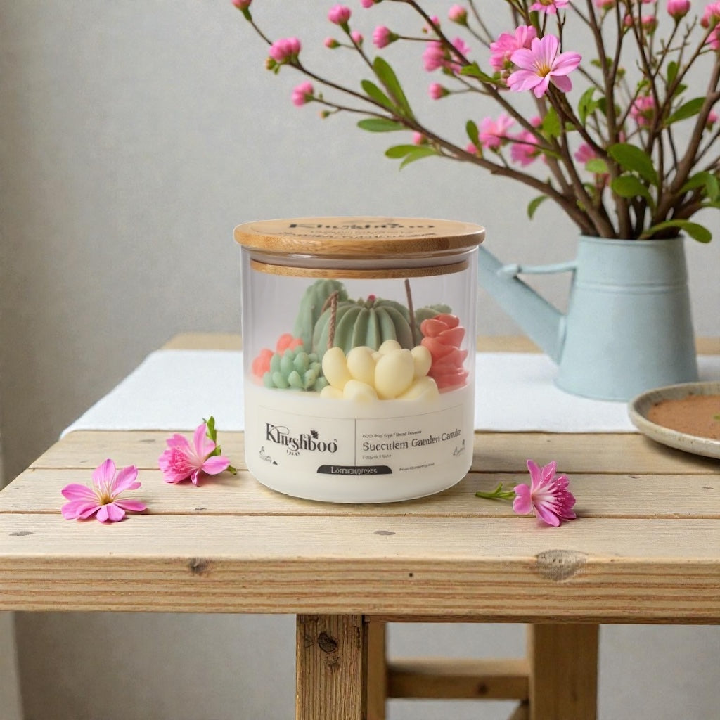 Succulent Glass Candle Jar with Wooden Lid