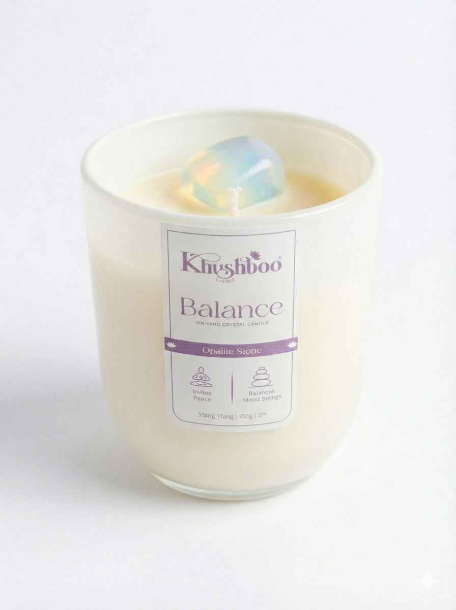 Khushboo Living Balance Crystal Candle with Opalite Stone, (Ylang Ylang) Balances Mood Swings & Brings Inner Peace | 200gms