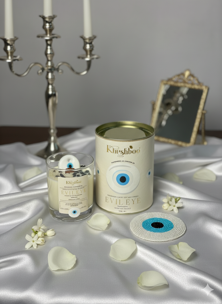 Evil Eye White Manifestation Candle with Real Gemstones & Glass Charm – Manifest Dreams into Reality🤍