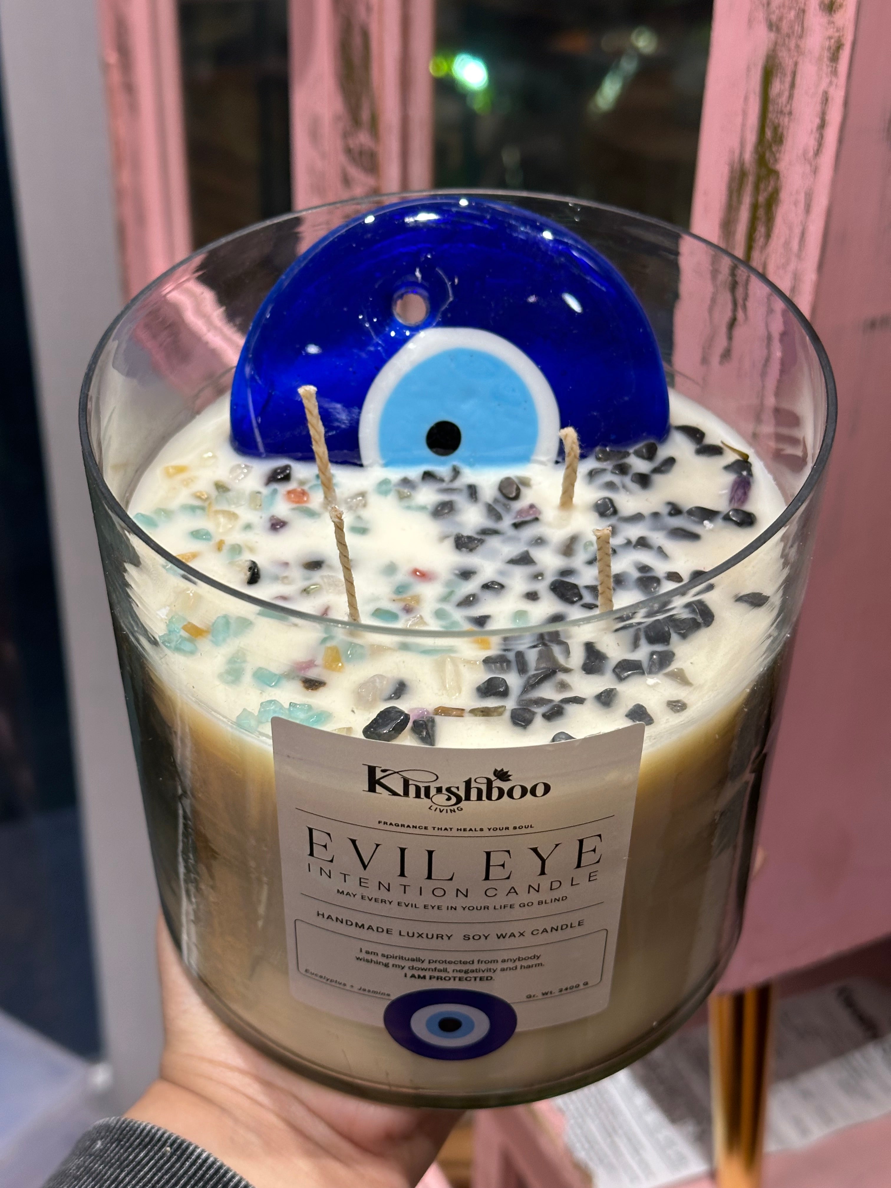 Evil Eye Scented Candle with Real Gemstones | Protects from Buri Nazar & Evil Energies, Perfect For Gifting (Super Jumbo Size)