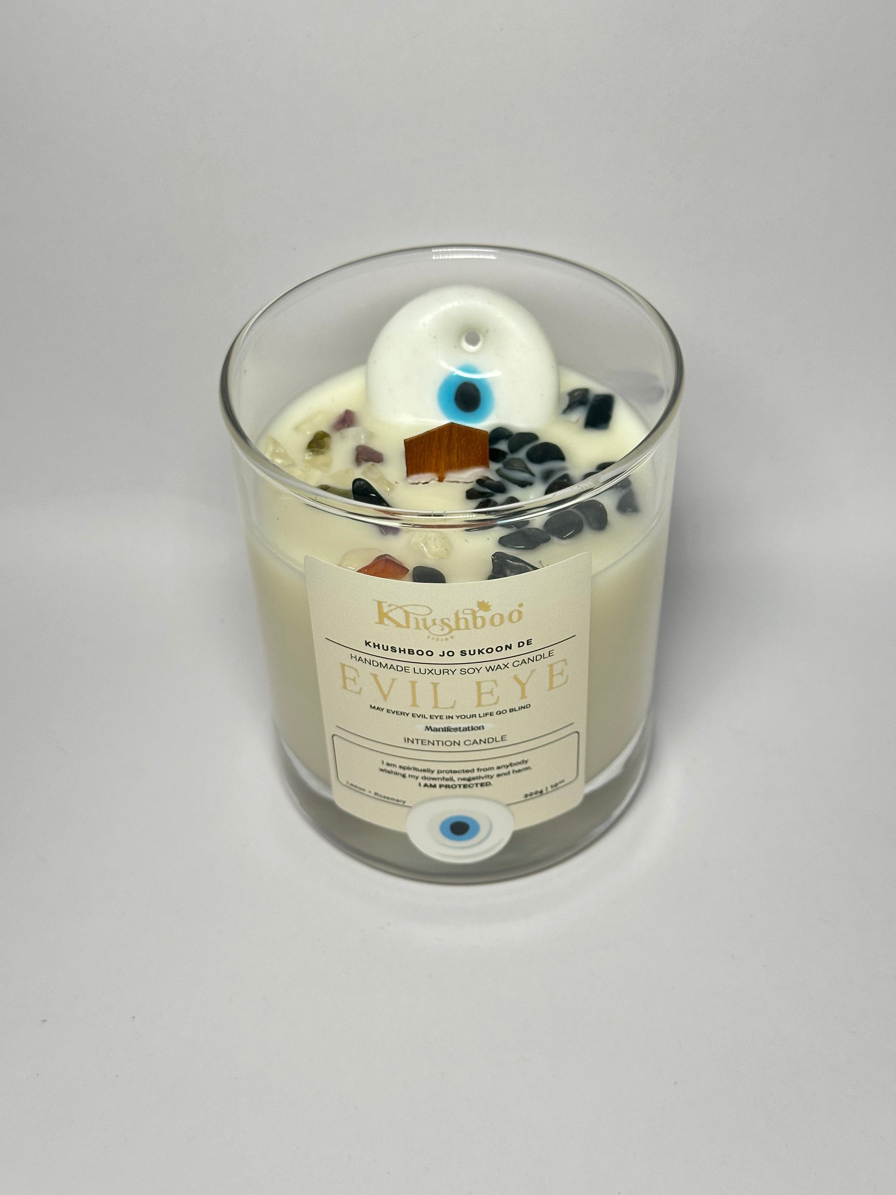 Evil Eye White Manifestation Candle with Real Gemstones & Glass Charm – Manifest Dreams into Reality🤍
