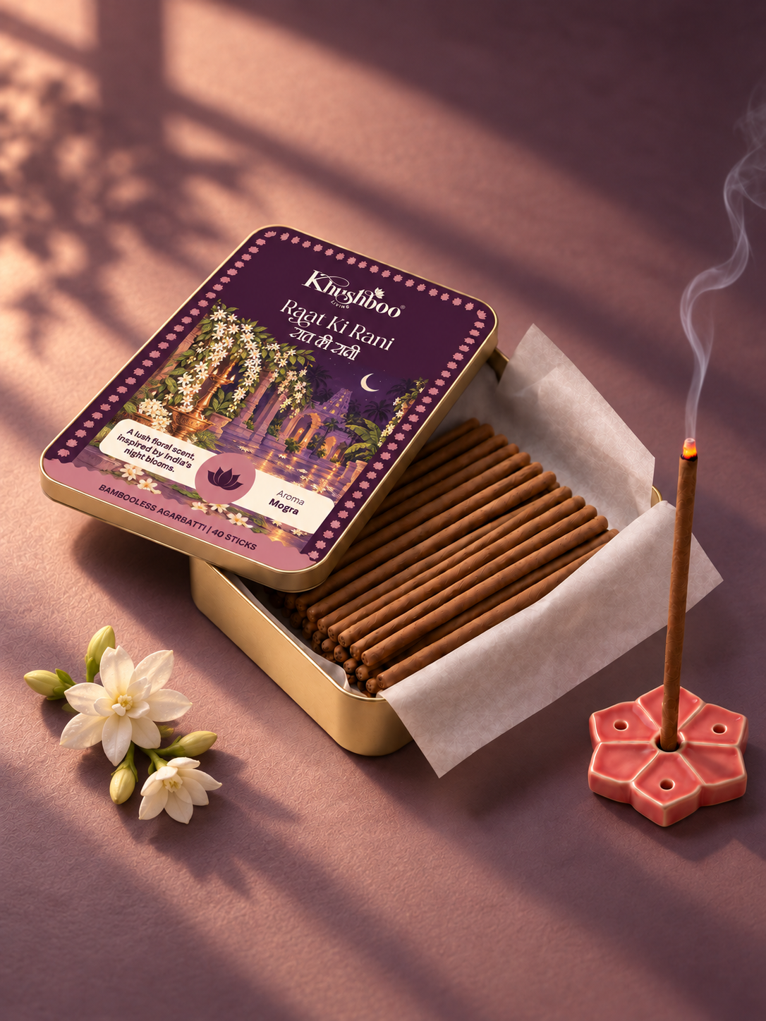 Raat Ki Rani Bambooless Incense Sticks | Mogra | 40 Sticks | Panchagavya, Jasmine & Marigold