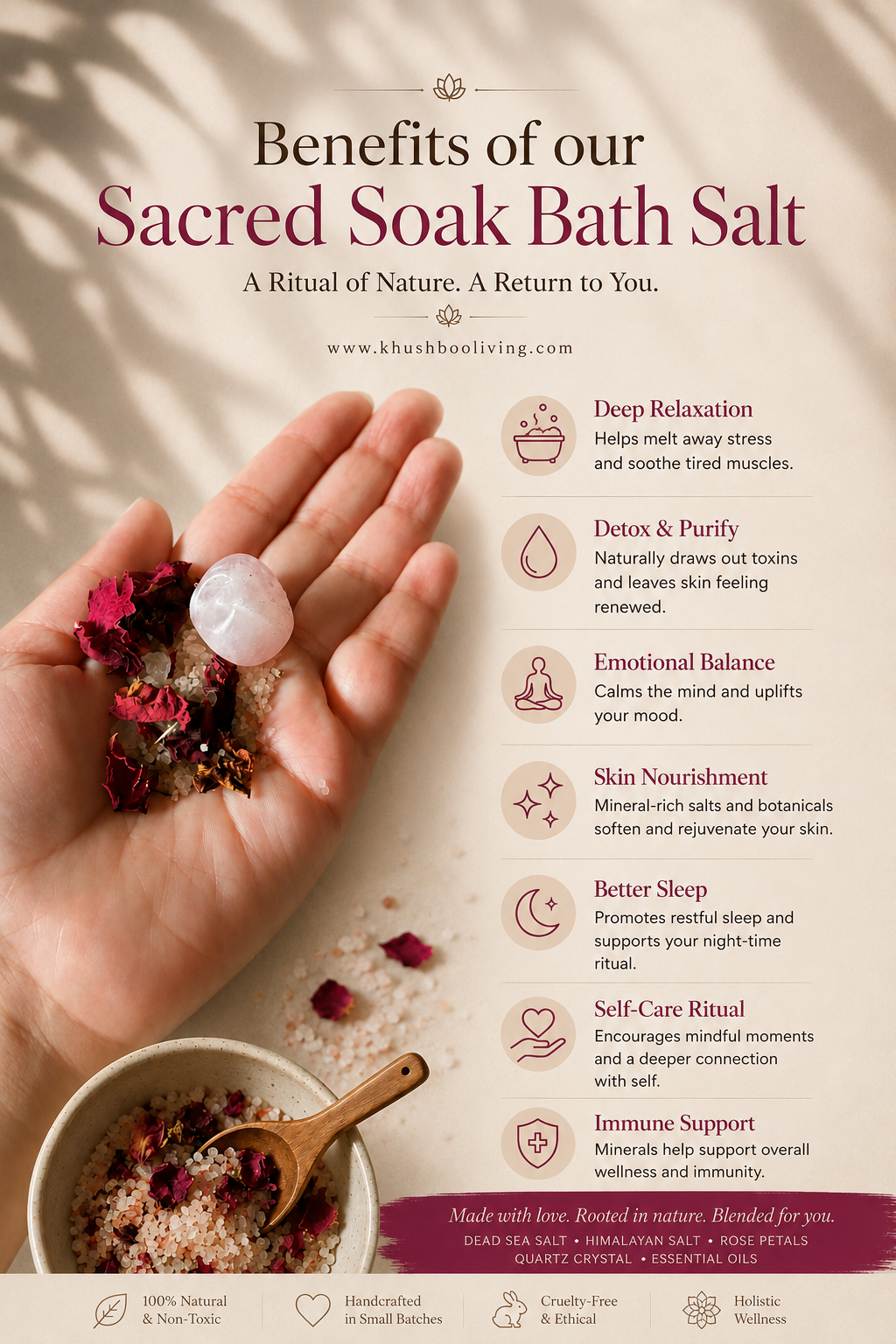 Luxury Magnesium Wellness Bath Salt 500g – Epsom Salt, Sea Salt, Natural Herbs & Vitamin E | Includes Wooden Scoop & Natural Crystal