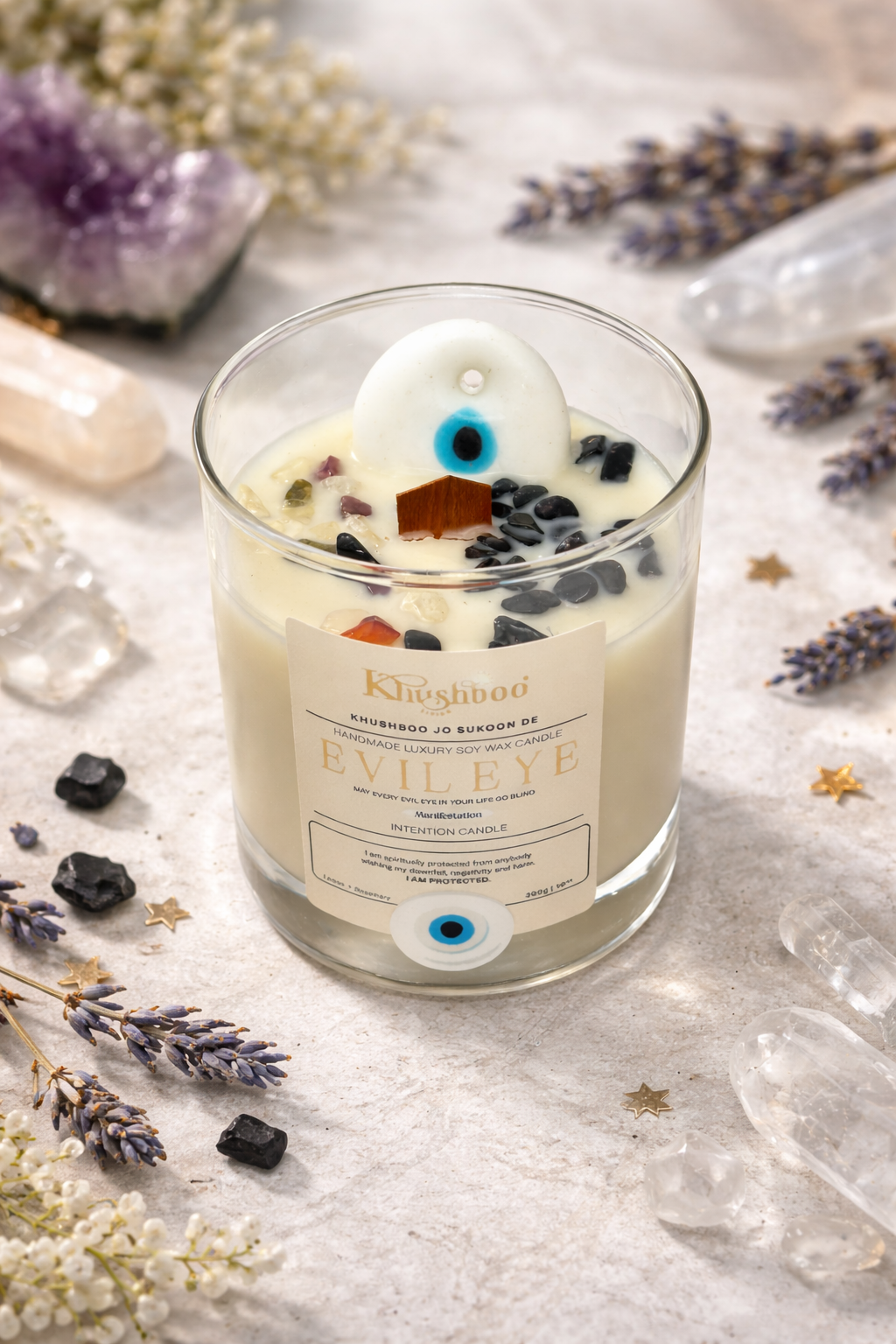 Evil Eye White Manifestation Candle with Real Gemstones & Glass Charm – Manifest Dreams into Reality🤍