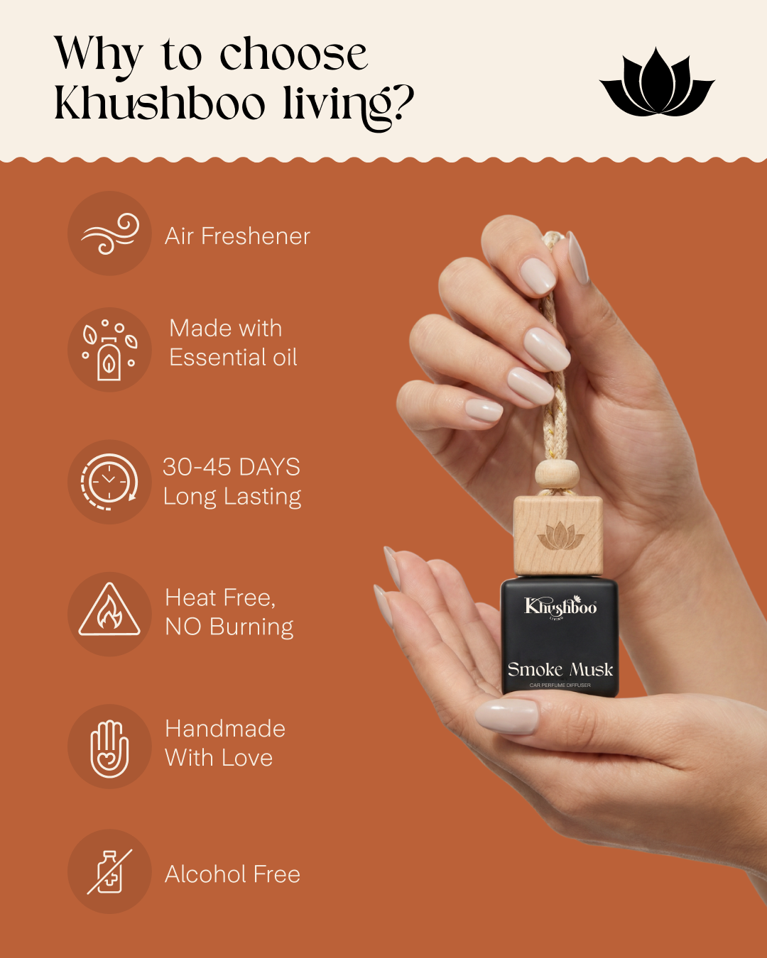 Smoke musk  Luxury Car Perfume 10ml | 100% Pure Essential Oil Based Long Lasting Car Air Freshener | Premium Hanging Car Freshener for Interior, Dashboard & Car Accessories