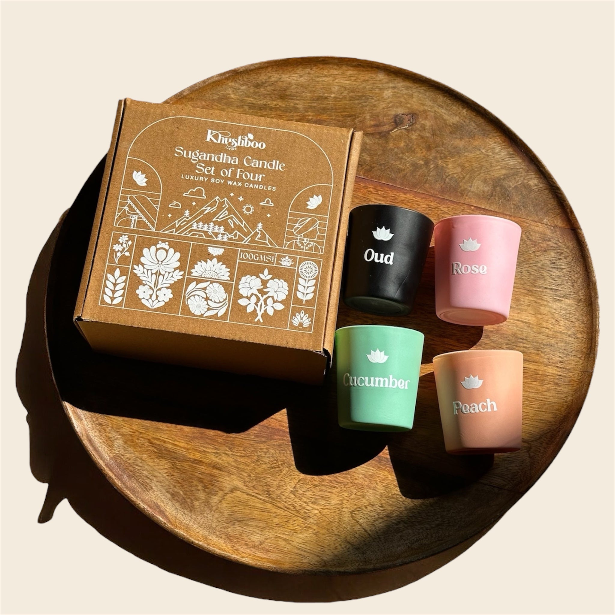 Khushoo Living Sugandha Set of 4 Scented Candles (100g x 4) – Inspired by Indian Household Fragrances