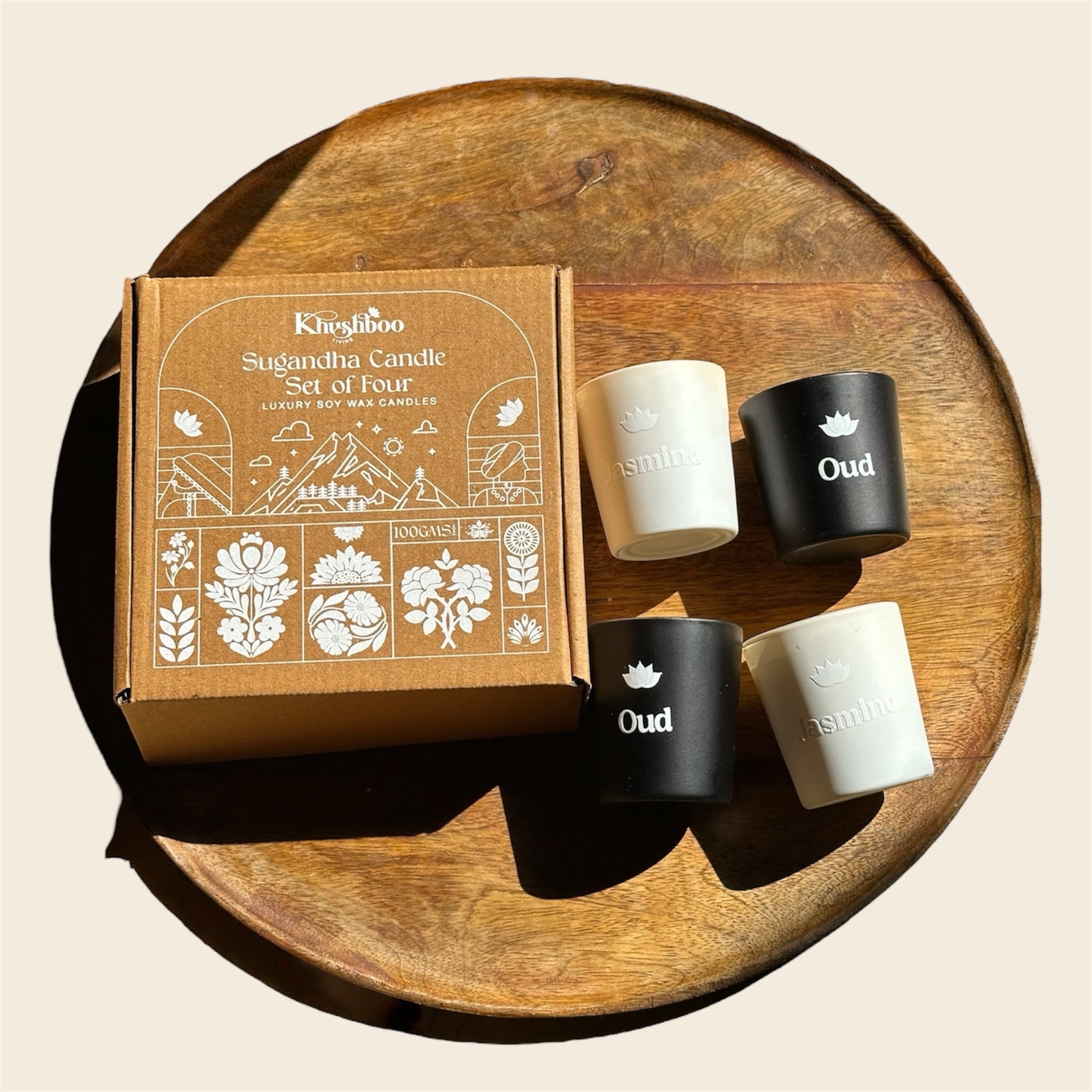 Khushoo Living Sugandha Set of 4 Scented Candles (100g x 4) – Inspired by Indian Household Fragrances
