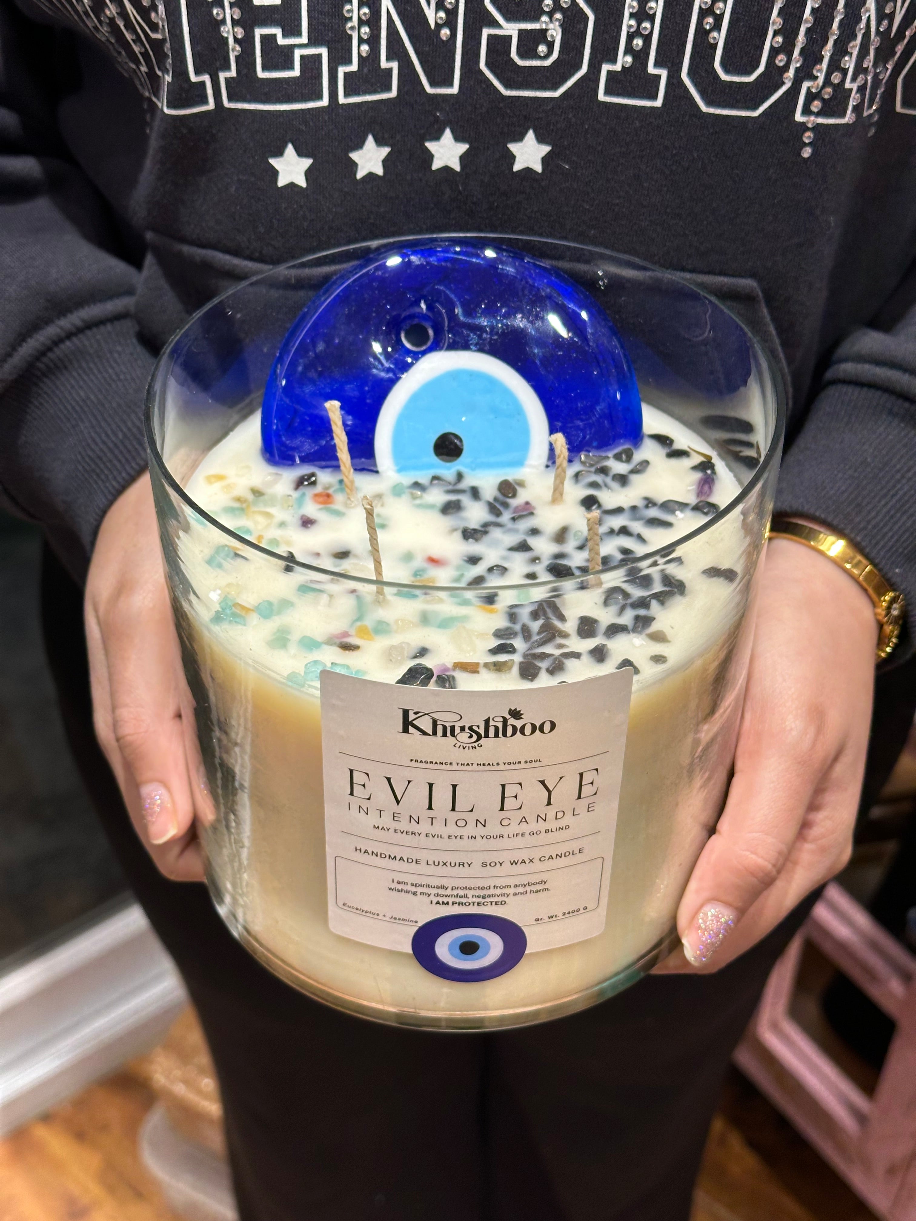Evil Eye Scented Candle with Real Gemstones | Protects from Buri Nazar & Evil Energies, Perfect For Gifting (Super Jumbo Size)