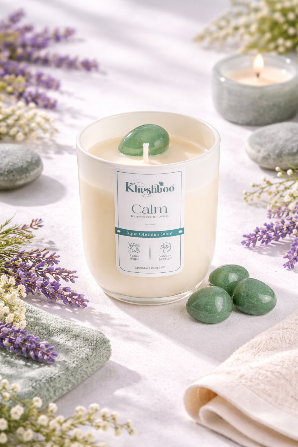 Calm Crystal Candle with Aqua Obsidian Stone 200g