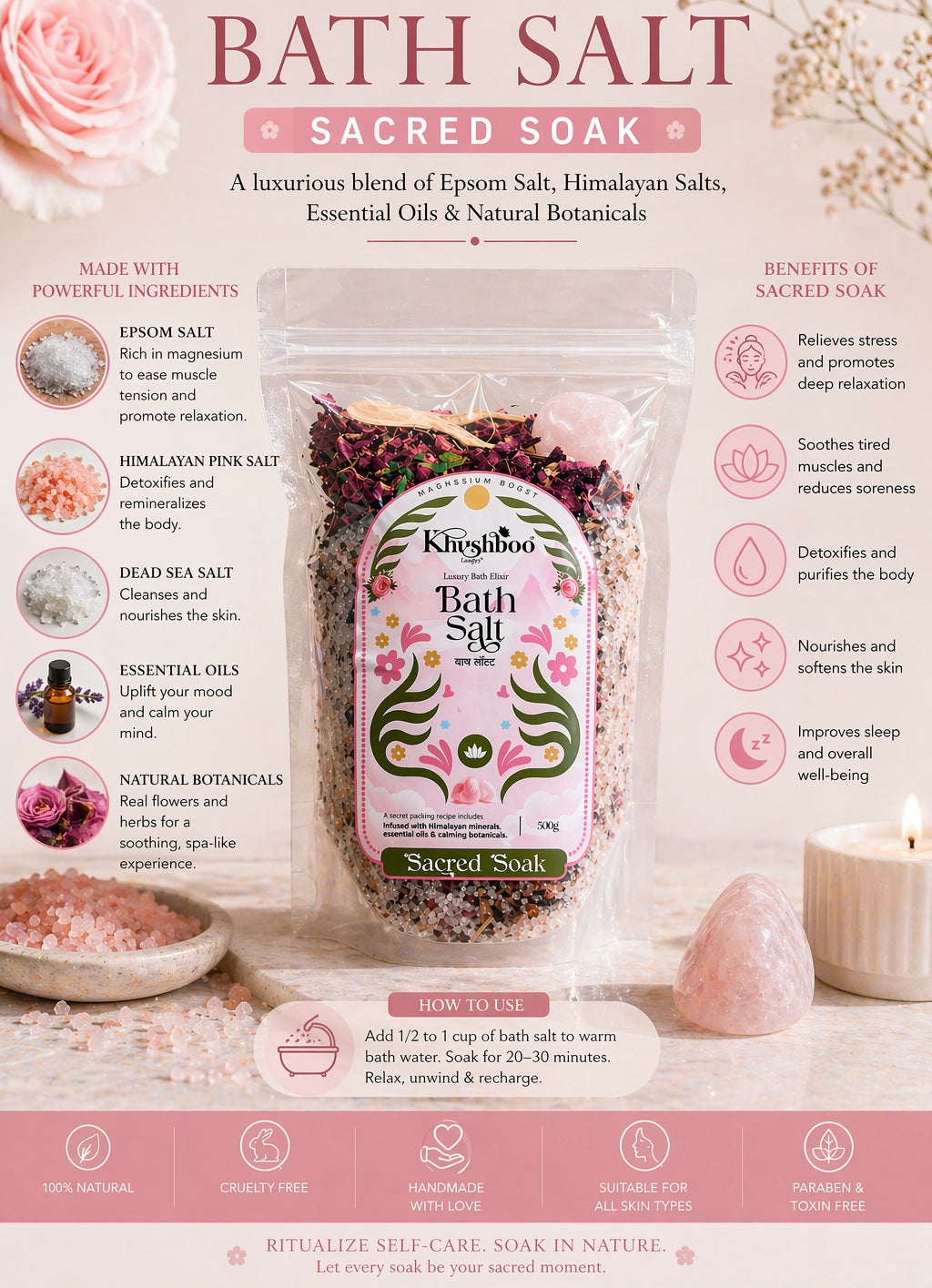 Magnesium Epsom Bath Salt | Muscle Relaxation & Stress Relief | Detox Body, Foot Soak & Spa Bath | Pain Relief, Sleep Support , Natural Magnesium Boost Bath Salt (500g + Wooden Spoon + Rose Quartz Tumble Gemstone)