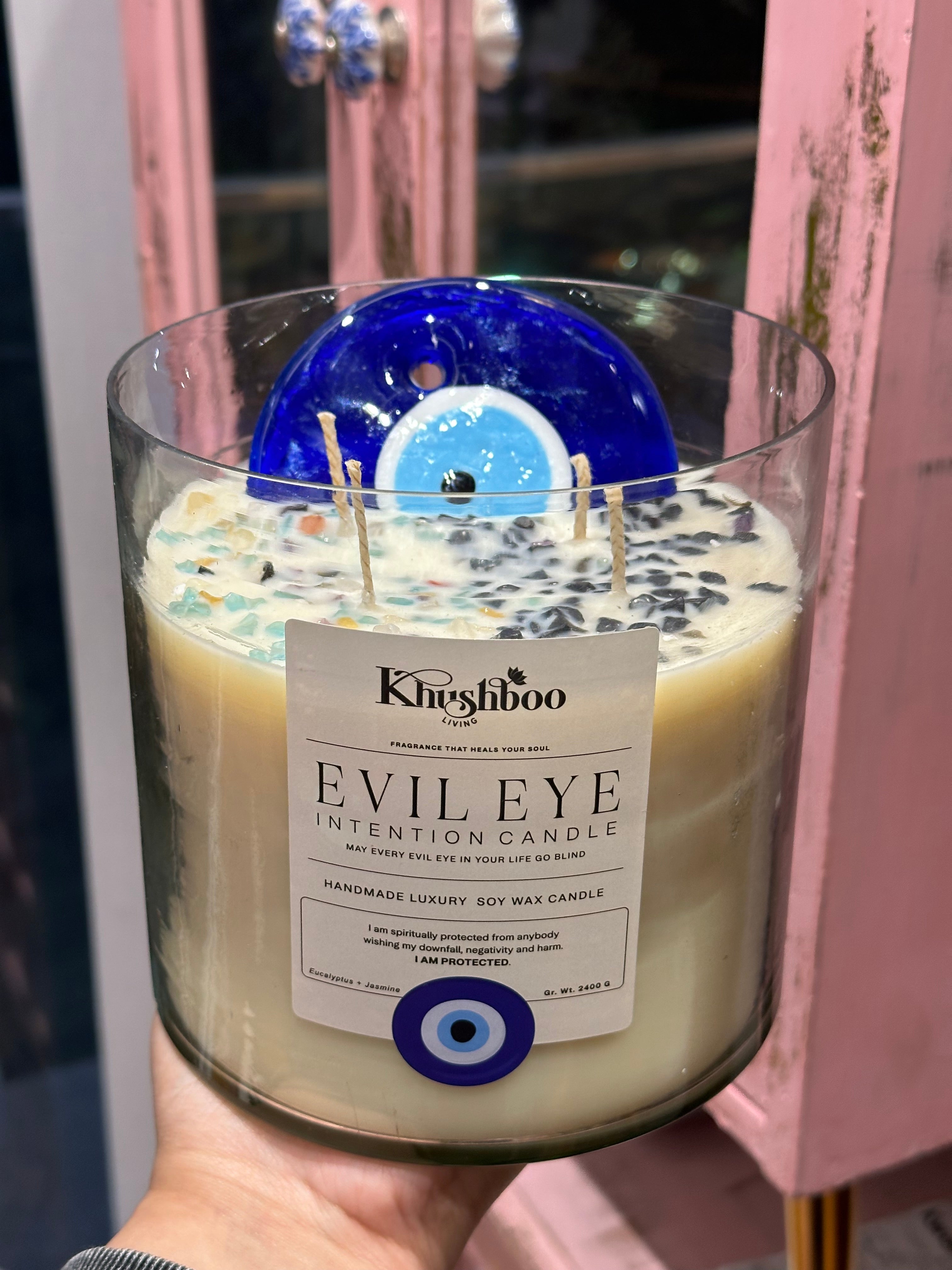 Evil Eye Scented Candle with Real Gemstones | Protects from Buri Nazar & Evil Energies, Perfect For Gifting (Super Jumbo Size)