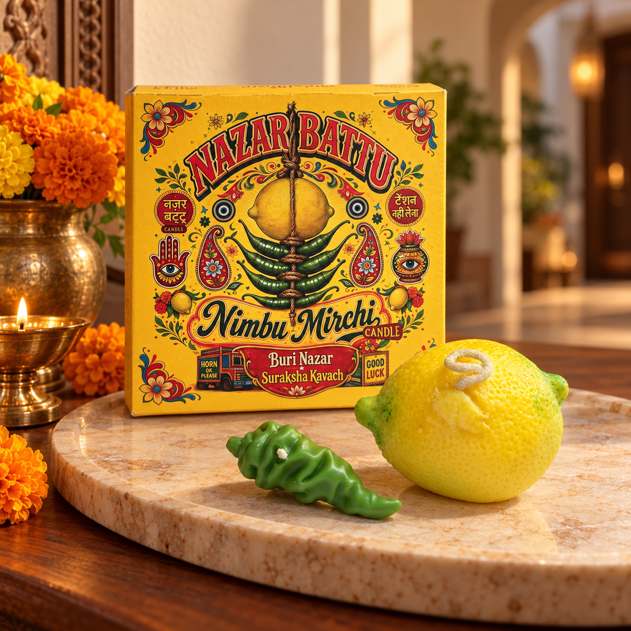 Nazar na Lage Nimbu Mirchi Candle Giftbox | Nazar Battu Inspired | Diwali Gifting