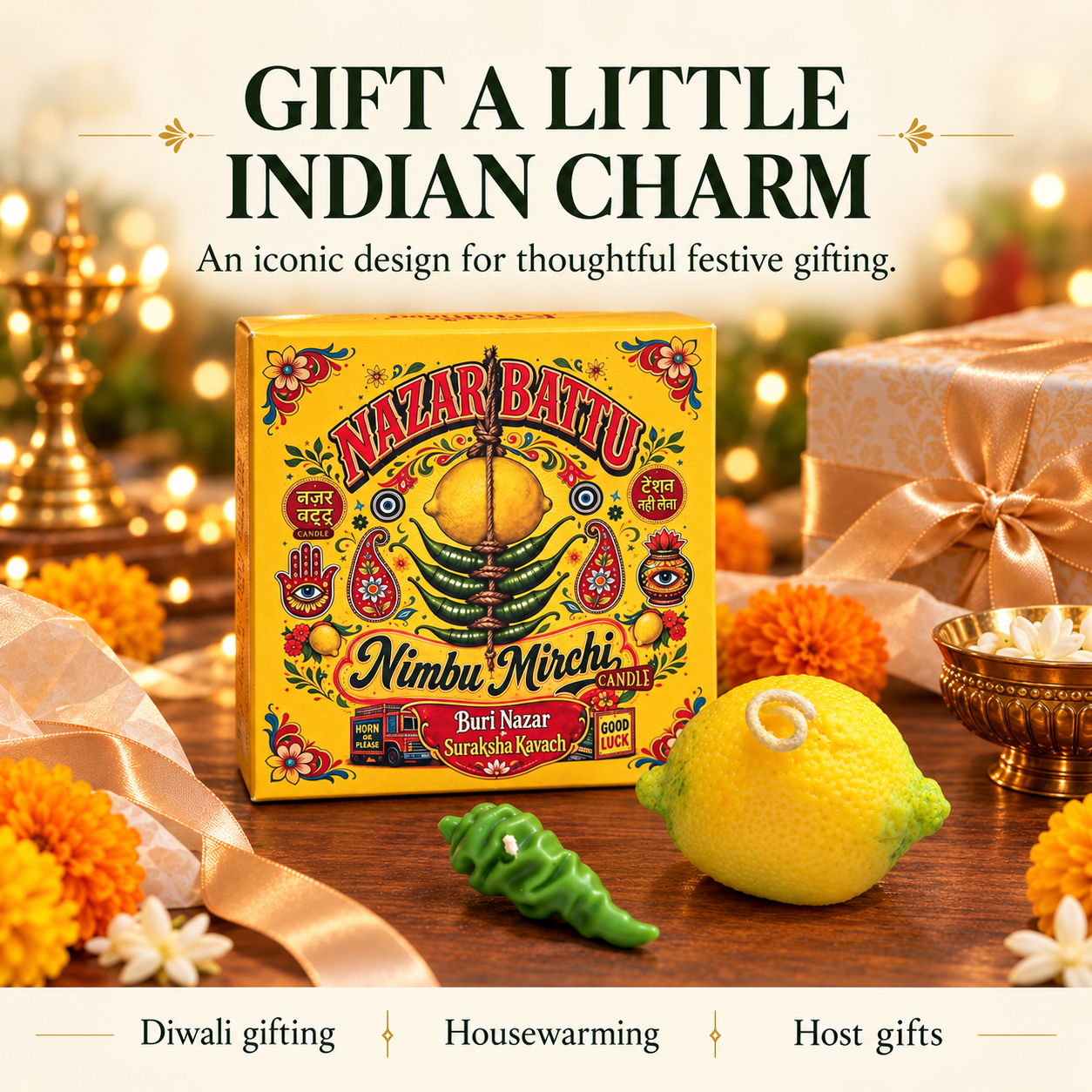 Nazar na Lage Nimbu Mirchi Candle Giftbox | Nazar Battu Inspired | Diwali Gifting