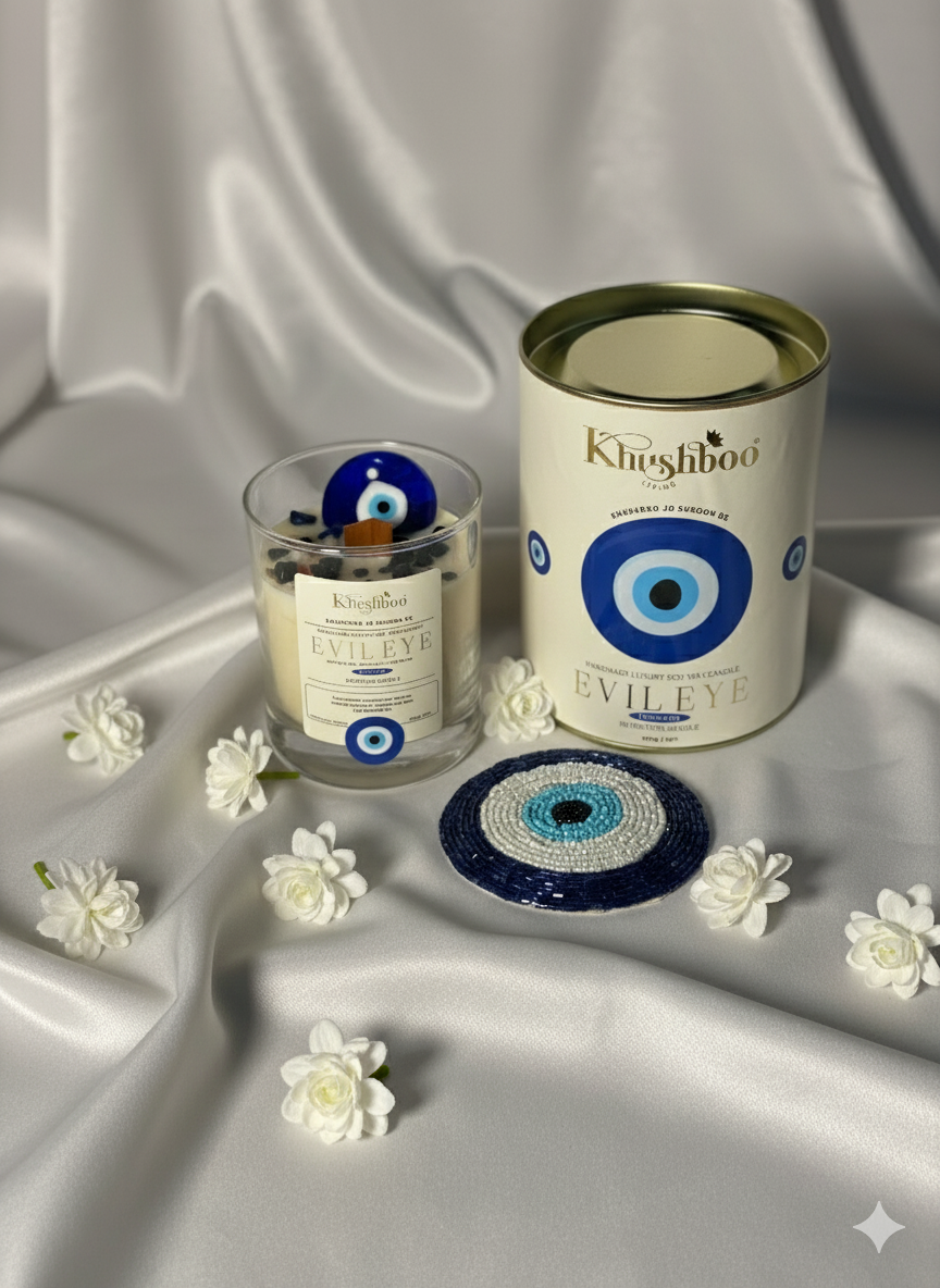 Evil Eye Pink Protection Candle with Real Gemstones & Glass Charm – Shield Against Negativity & Attract Positivity💙