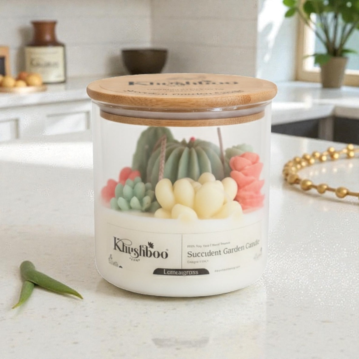 Succulent Glass Candle Jar with Wooden Lid