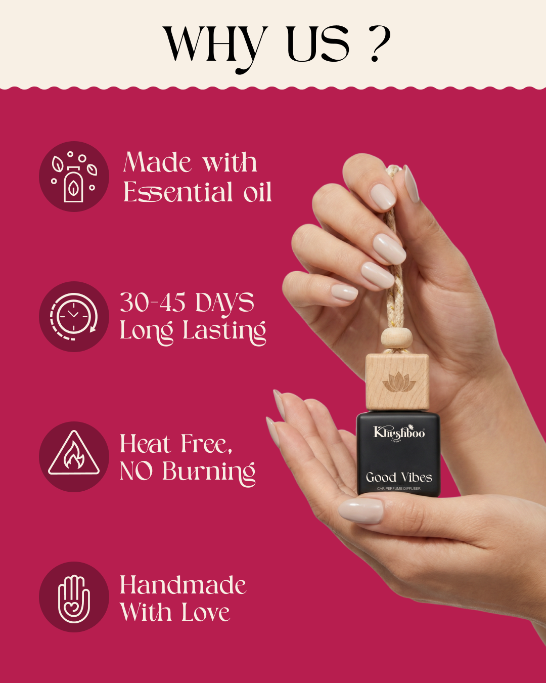 Good vibes Luxury Car Perfume 10ml | 100% Pure Essential Oil Based Long Lasting Car Air Freshener | Premium Hanging Car Freshener for Interior, Dashboard & Car Accessories