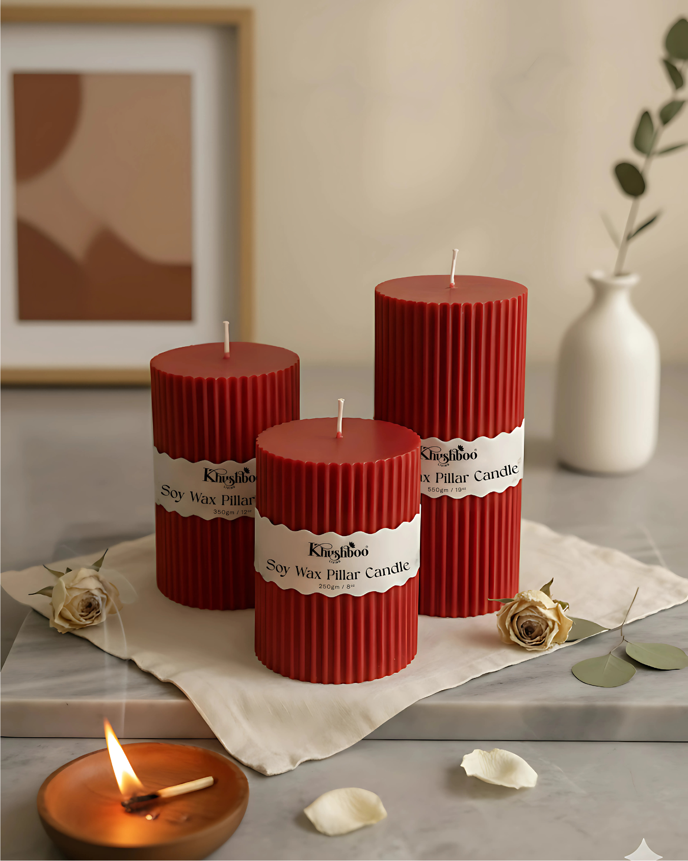 Ribbed Pillar Candle Set of 3