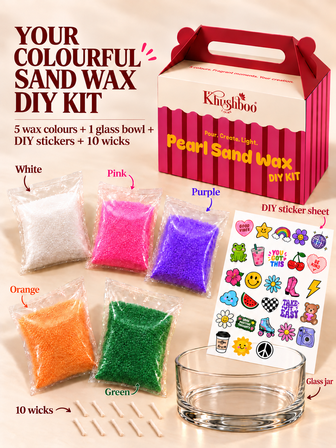 Pearl Sand Wax DIY Kit – 5 Colour Candle Making Kit with Glass Bowl, Stickers & 10 Wicks