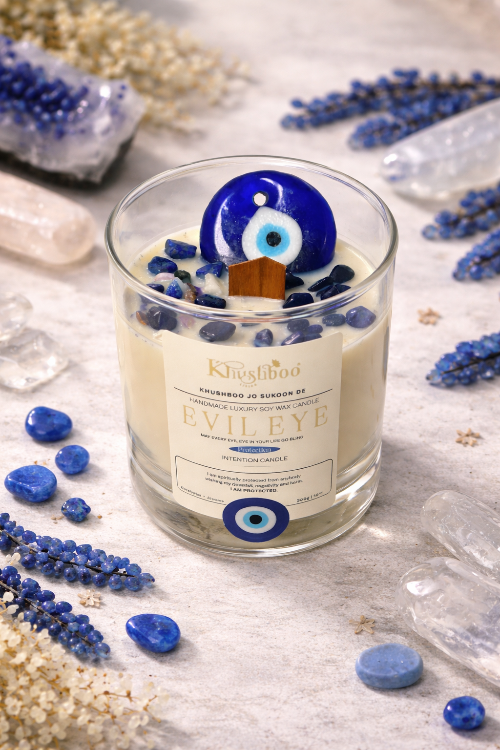 Evil Eye Blue Protection Candle with Real Gemstones & Glass Charm – Shield Against Negativity & Attract Positivity💙