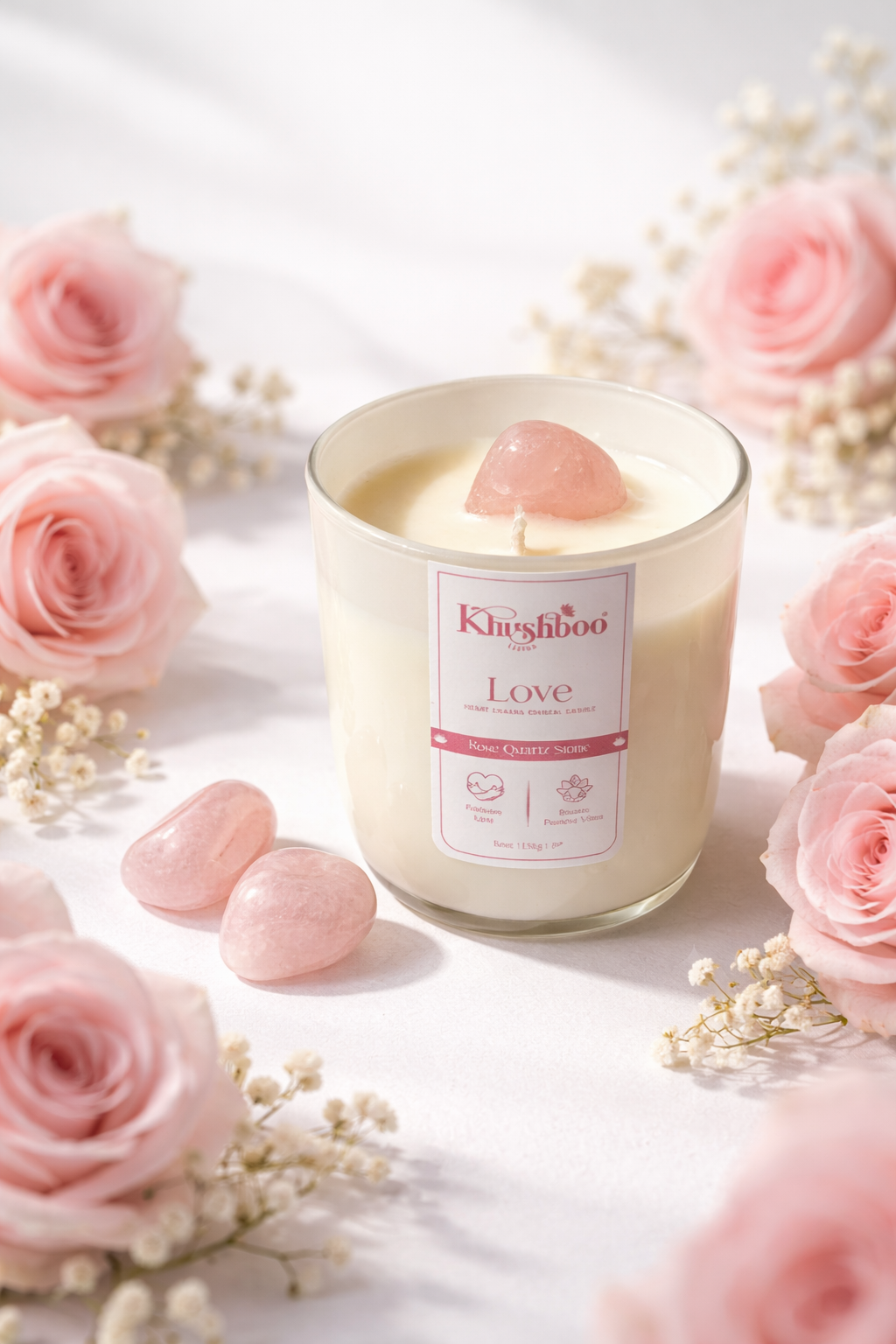 Love Crystal Candle with Rose Quartz Stone 200g
