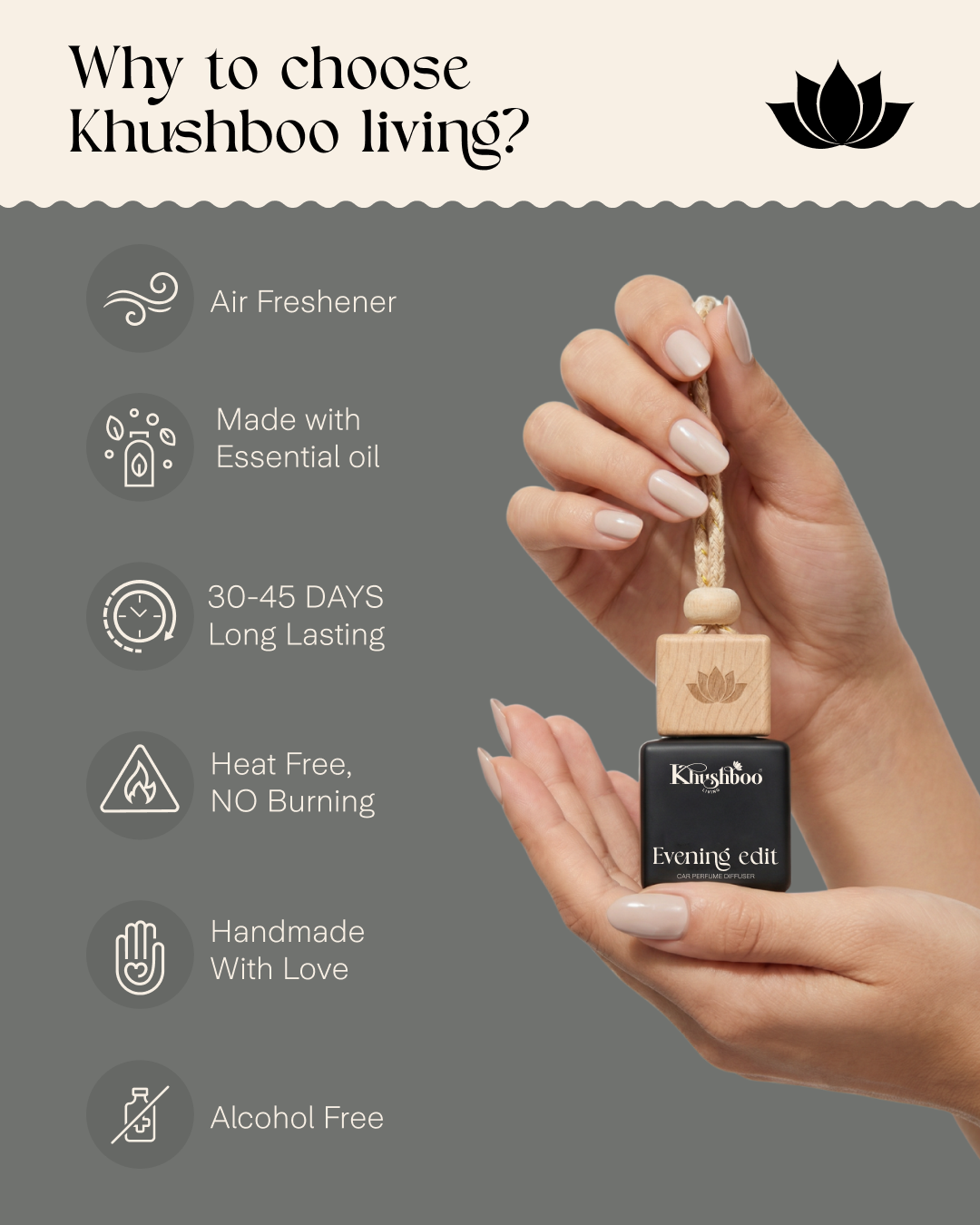 Evening Edit Luxury Car Perfume 10ml | 100% Pure Essential Oil Based Long Lasting Car Air Freshener | Premium Hanging Car Freshener for Interior, Dashboard & Car Accessories