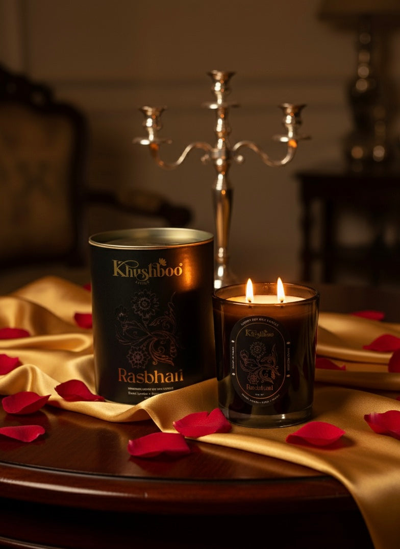 Rasbhari – Handmade Luxury Soy Wax Candle | Sweet Lychee, Rose & Lemon | Ruhani Roshni Collection