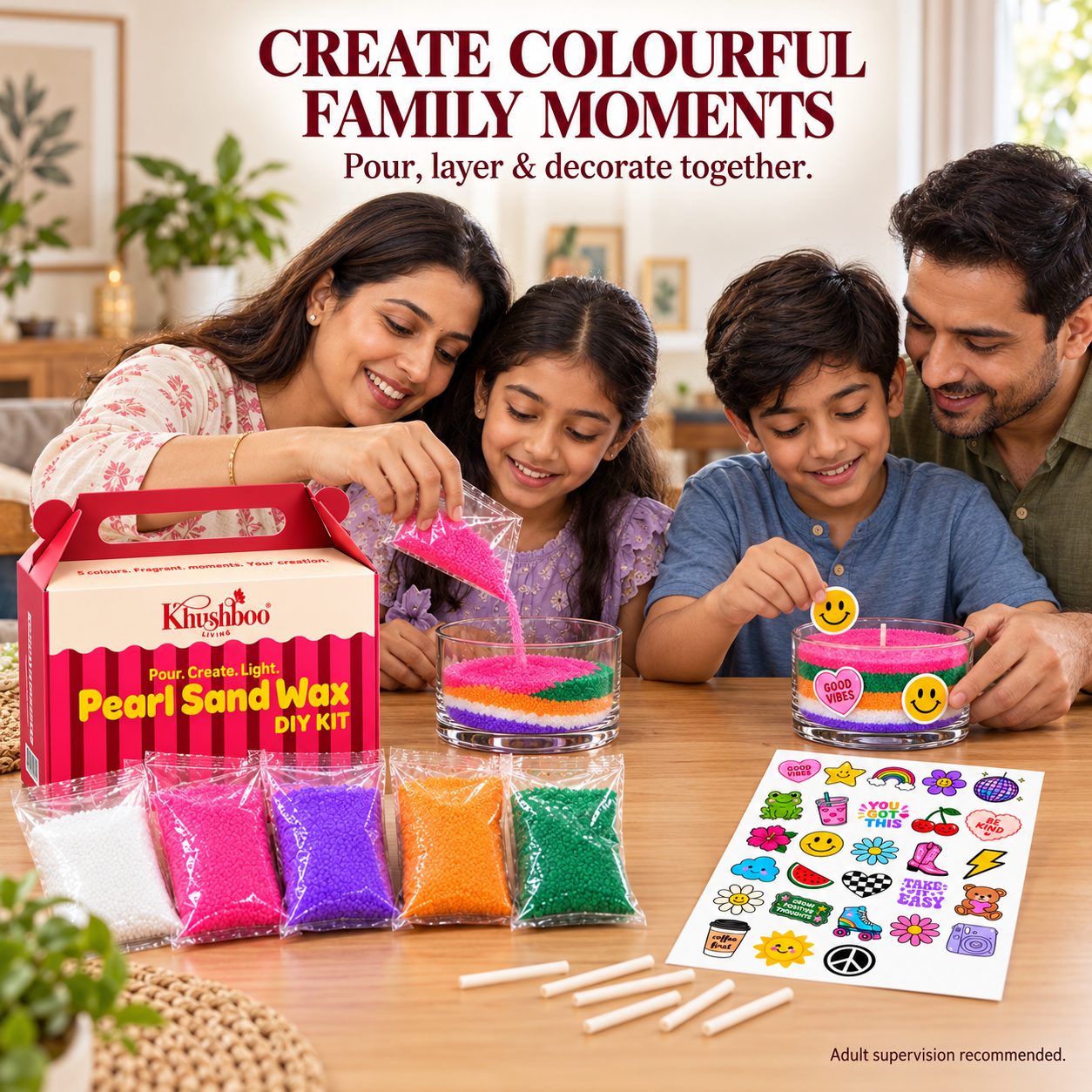 Pearl Sand Wax DIY Kit – 5 Colour Candle Making Kit with Glass Bowl, Stickers & 10 Wicks