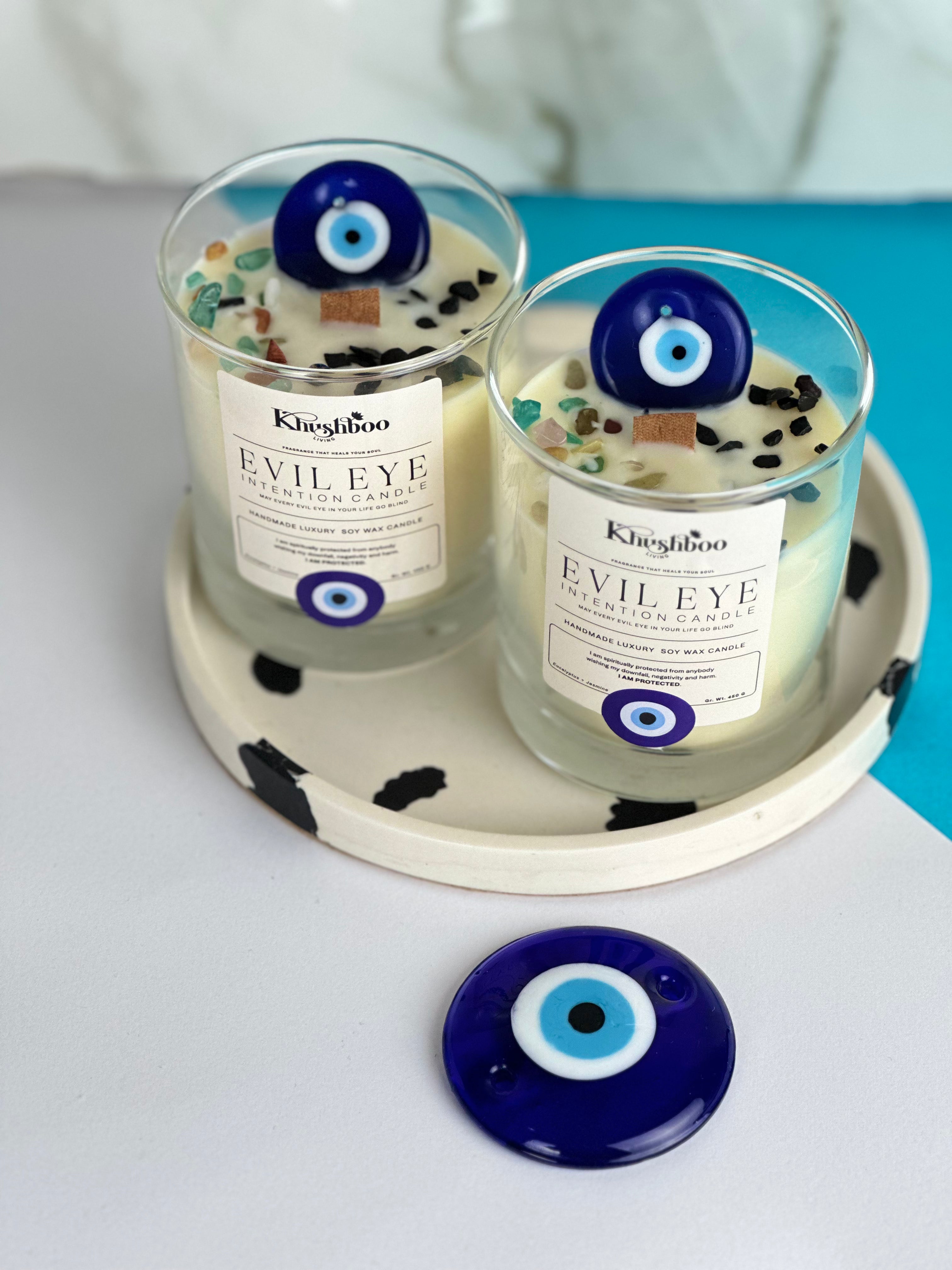 Evil Eye Pink Protection Candle with Real Gemstones & Glass Charm – Shield Against Negativity & Attract Positivity💙
