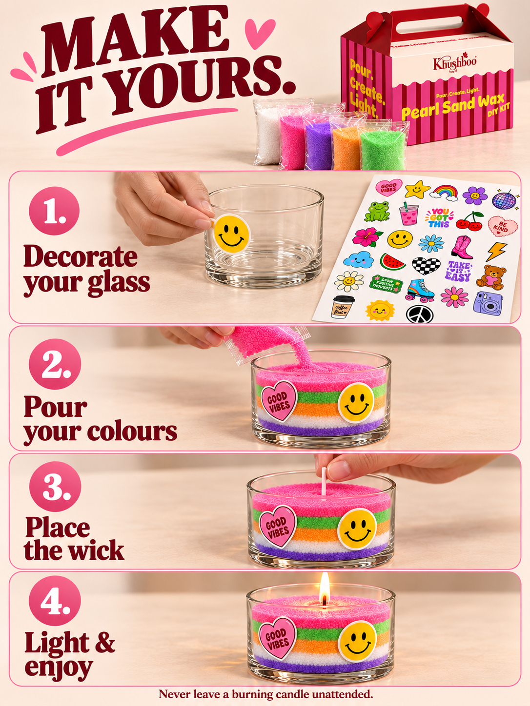 Pearl Sand Wax DIY Kit – 5 Colour Candle Making Kit with Glass Bowl, Stickers & 10 Wicks