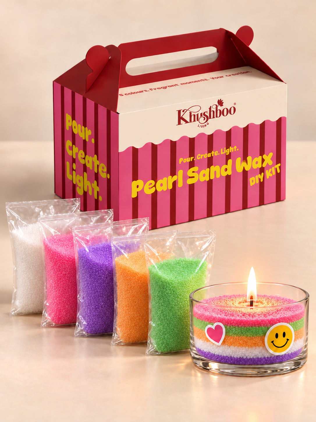 Pearl Sand Wax DIY Kit – 5 Colour Candle Making Kit with Glass Bowl, Stickers & 10 Wicks