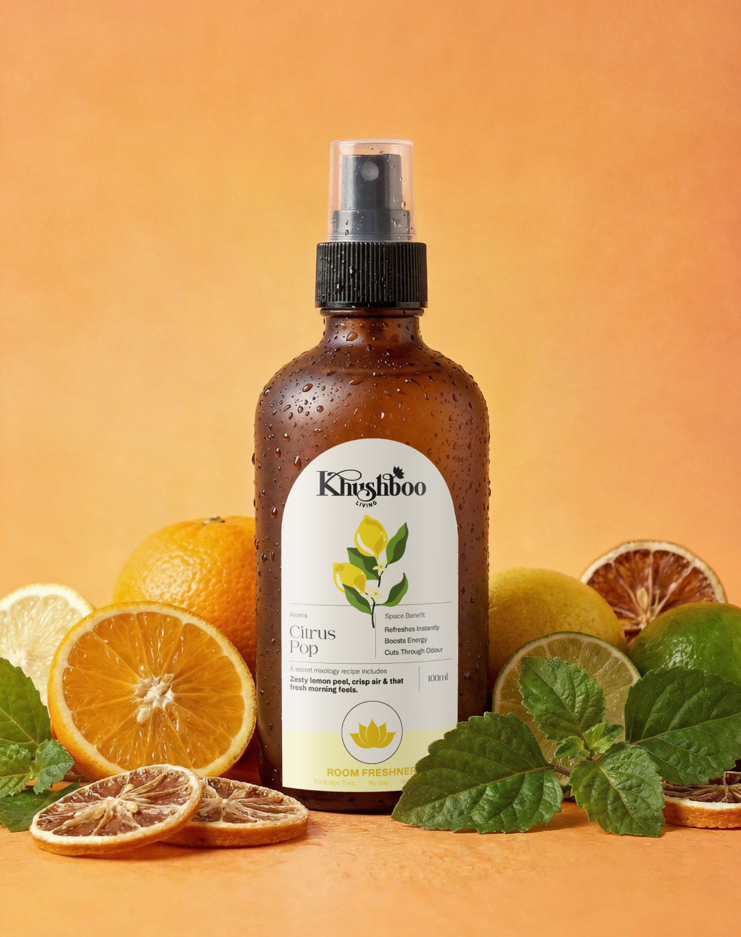 Khushboo Living Citrus Pop Luxury Room Freshener – Energizing Lemon Citrus Air Freshener | Premium Glass Bottle Home Fragrance Spray (100ml)