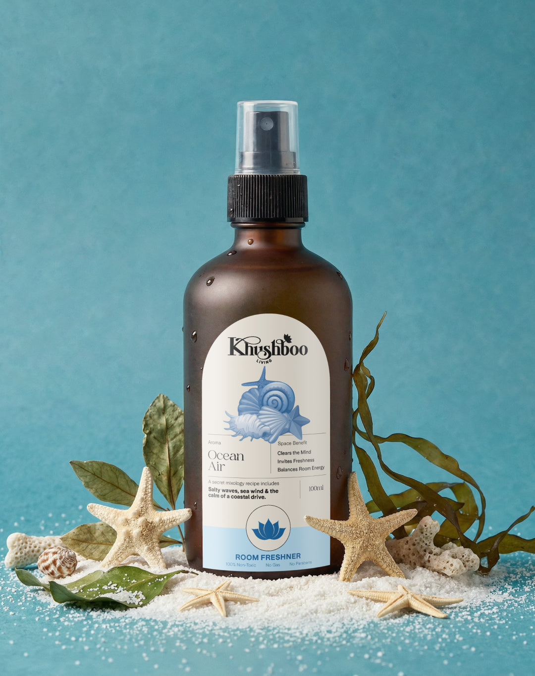 Khushboo Living Ocean Air Luxury Room Freshener – Premium Glass Bottle Air Freshener with Fresh Coastal Fragrance | Long Lasting Home & Room Spray (100ml)