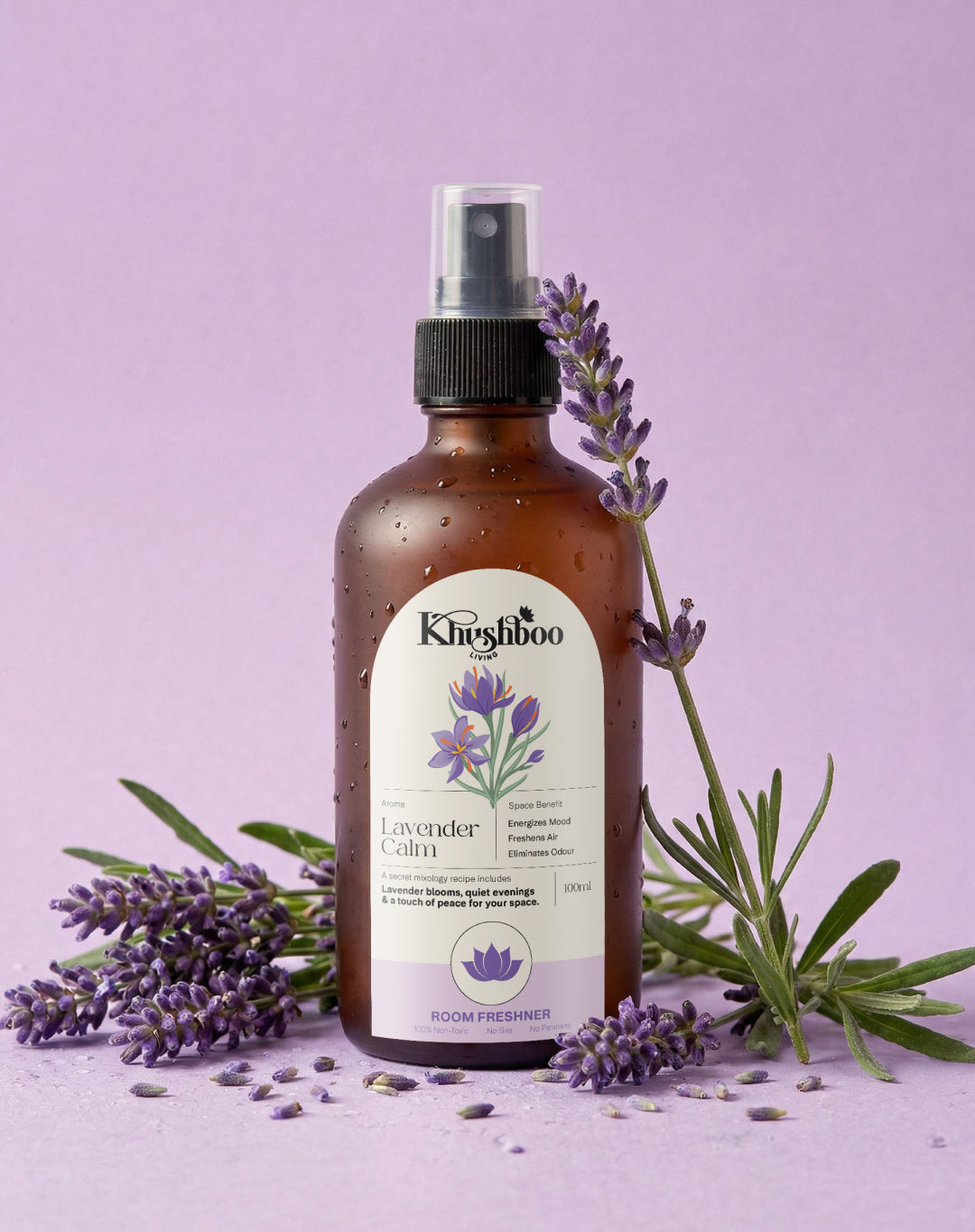 Khushboo Living Lavender Calm Luxury Room Freshener – Relaxing Lavender Aroma Spray | Long Lasting Premium Home Fragrance (100ml)