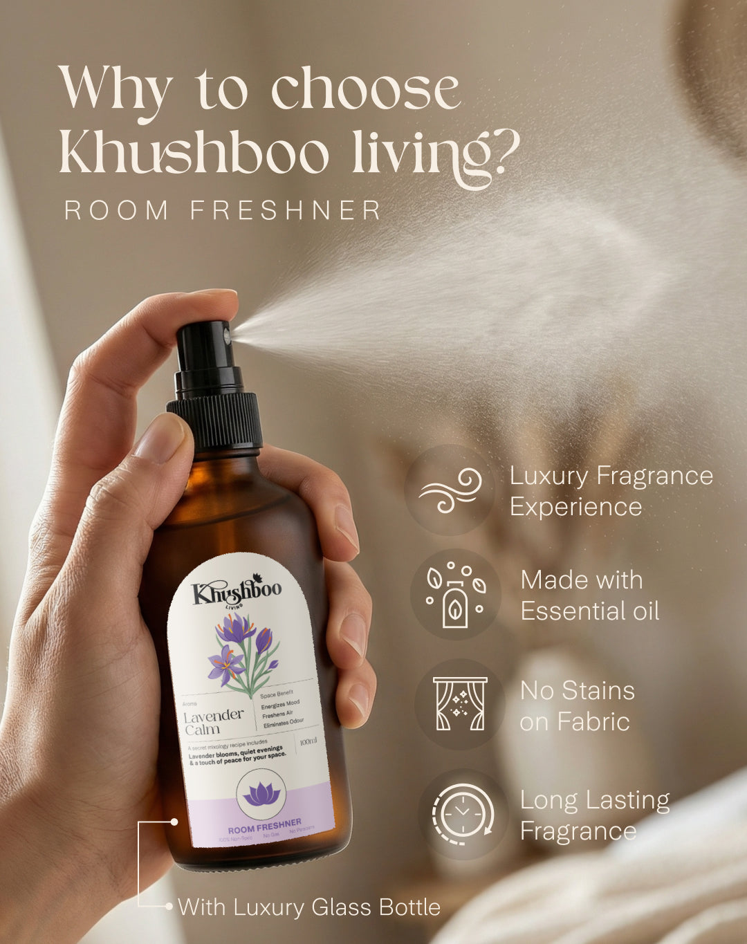Khushboo Living Lavender Calm Luxury Room Freshener – Relaxing Lavender Aroma Spray | Long Lasting Premium Home Fragrance (100ml)