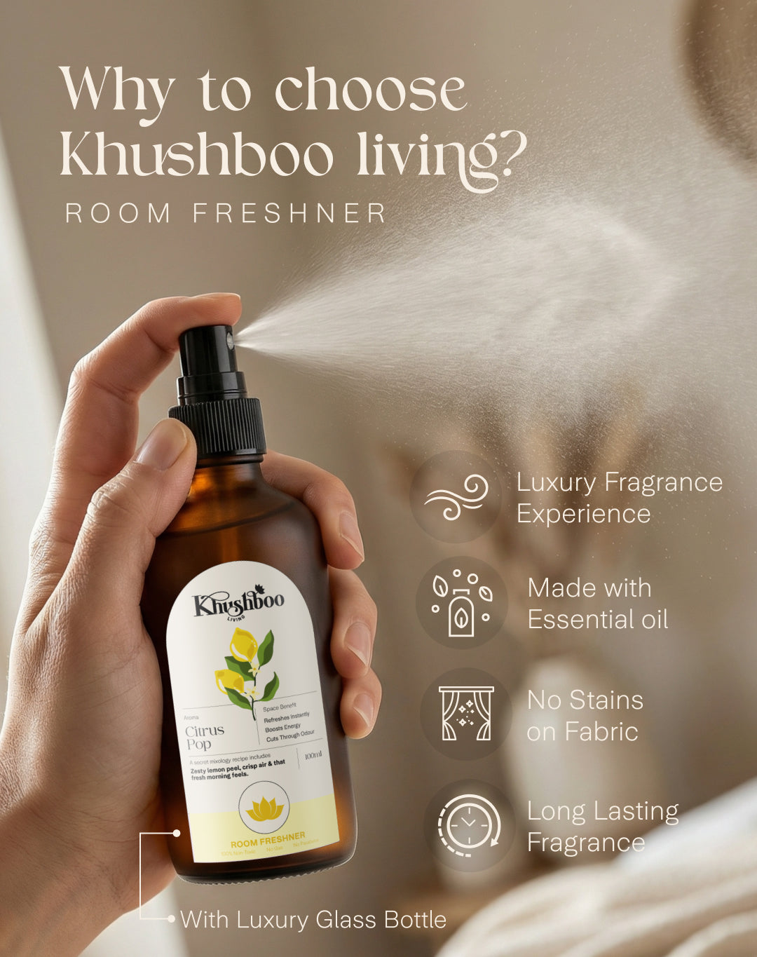 Khushboo Living Citrus Pop Luxury Room Freshener – Energizing Lemon Citrus Air Freshener | Premium Glass Bottle Home Fragrance Spray (100ml)