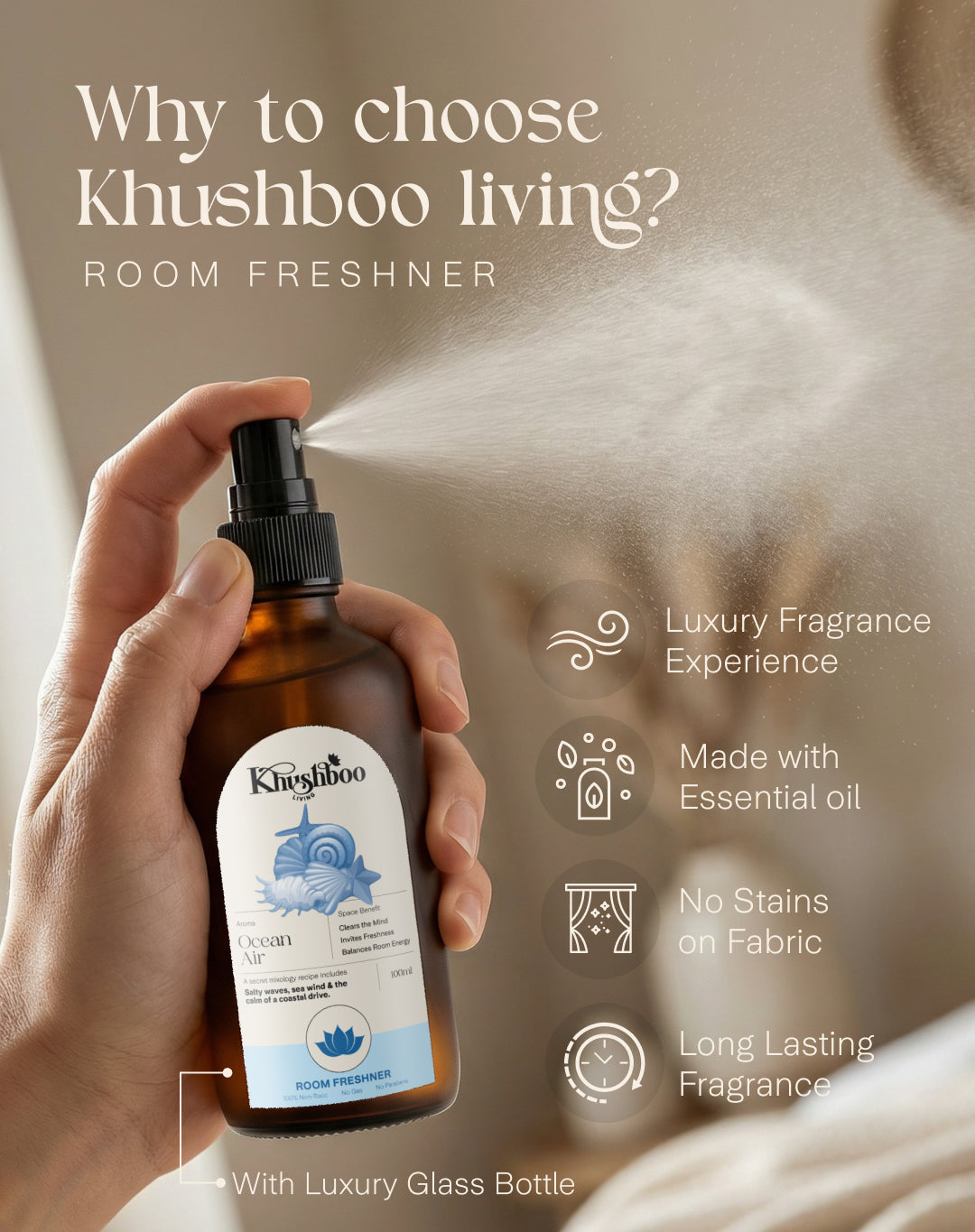 Khushboo Living Ocean Air Luxury Room Freshener – Premium Glass Bottle Air Freshener with Fresh Coastal Fragrance | Long Lasting Home & Room Spray (100ml)